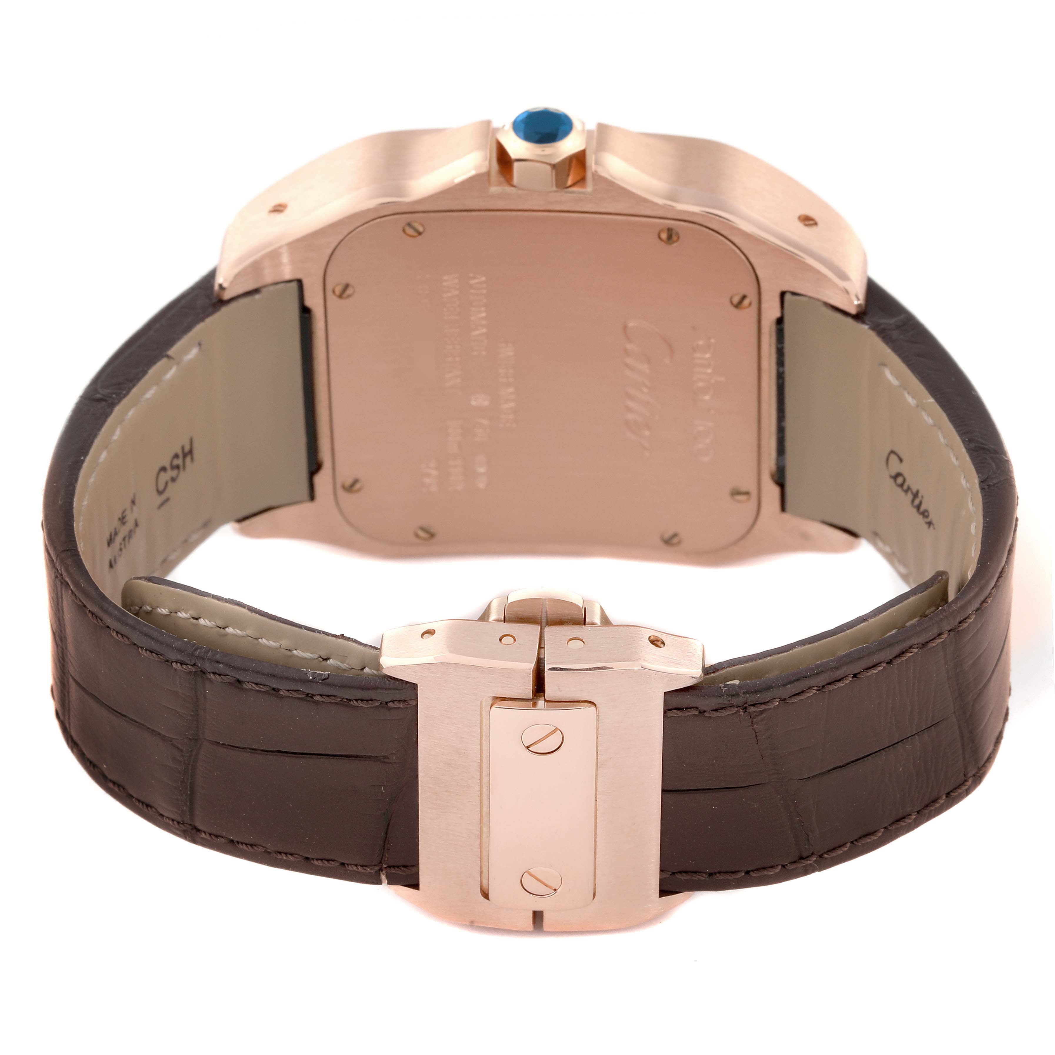 The image shows the back view of a Cartier Santos W20095Y1 Men's Rose Gold Silver Dial W20095Y1 Men's Rose Gold Silver Dial watch, focusing on the clasp, case back, and crown.
