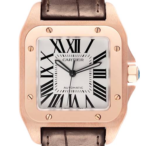 Photo of Cartier Santos 100 XL Rose Gold Silver Dial Mens Watch W20095Y1