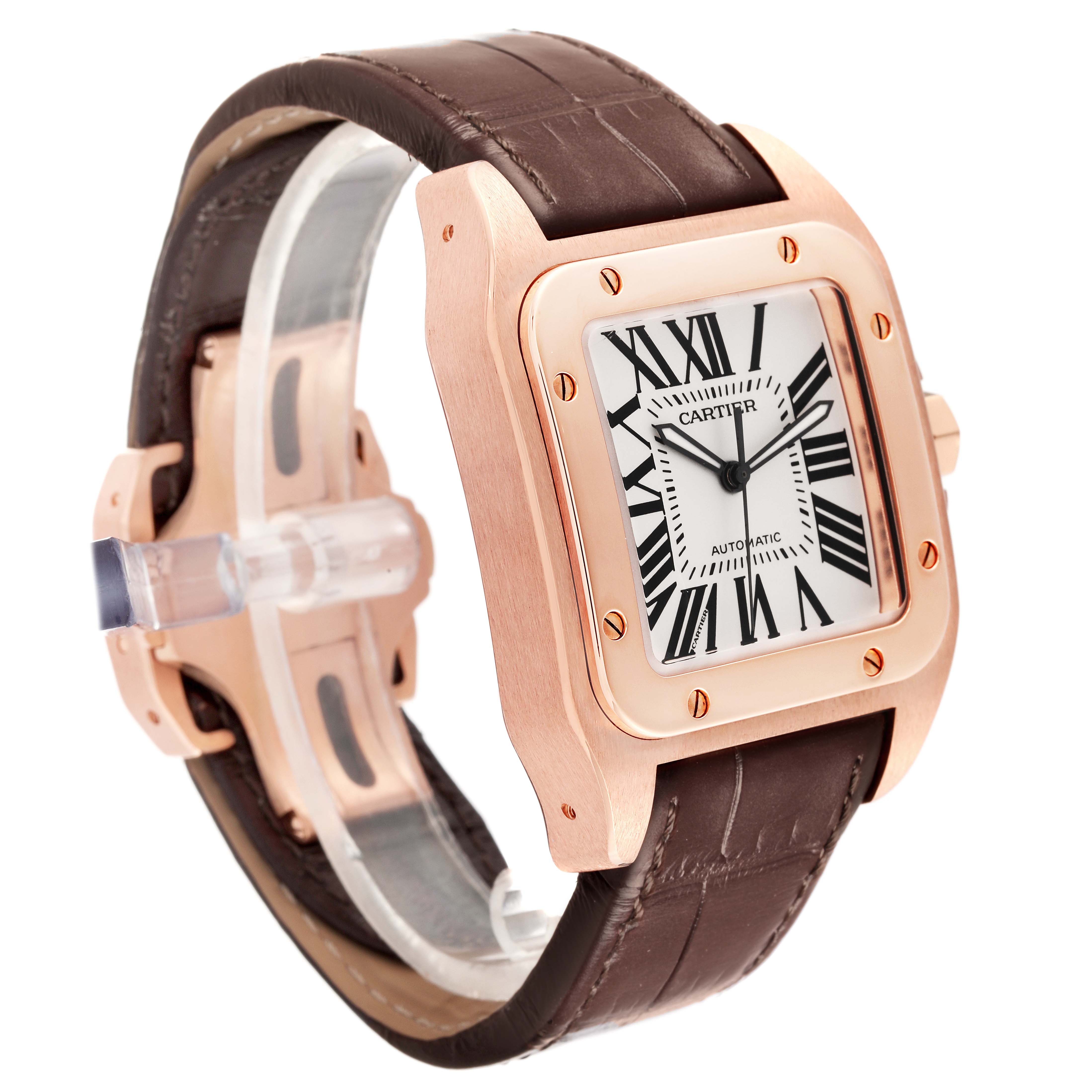 The image shows a Cartier Santos W20095Y1 Men's Rose Gold Silver Dial W20095Y1 Men's Rose Gold Silver Dial model watch angled to display the face, bezel, case, and part of the brown leather strap.