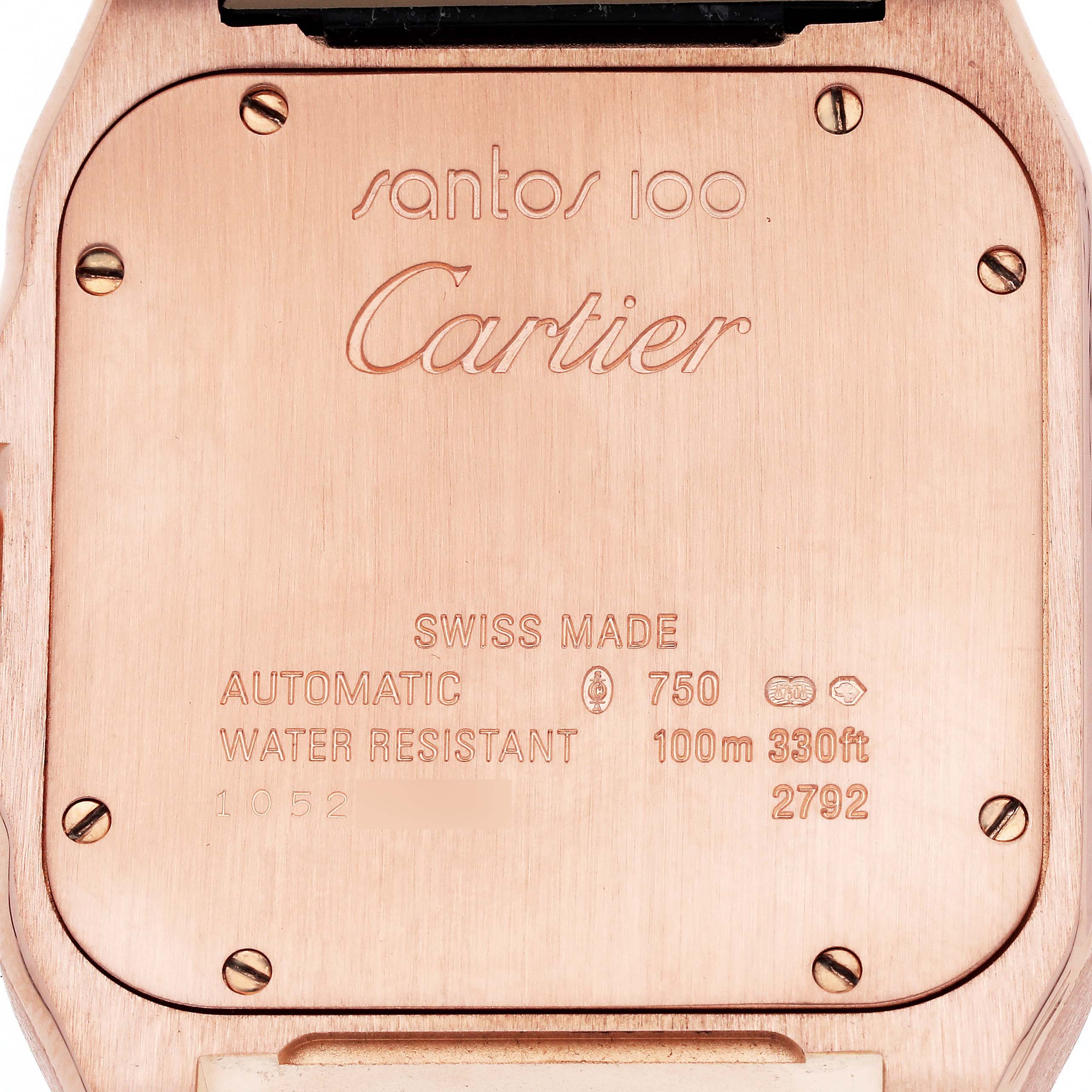 This image shows the case back of a Cartier Santos W20095Y1 Men's Rose Gold Silver Dial W20095Y1 Men's Rose Gold Silver Dial 100 watch, including inscriptions and screws.