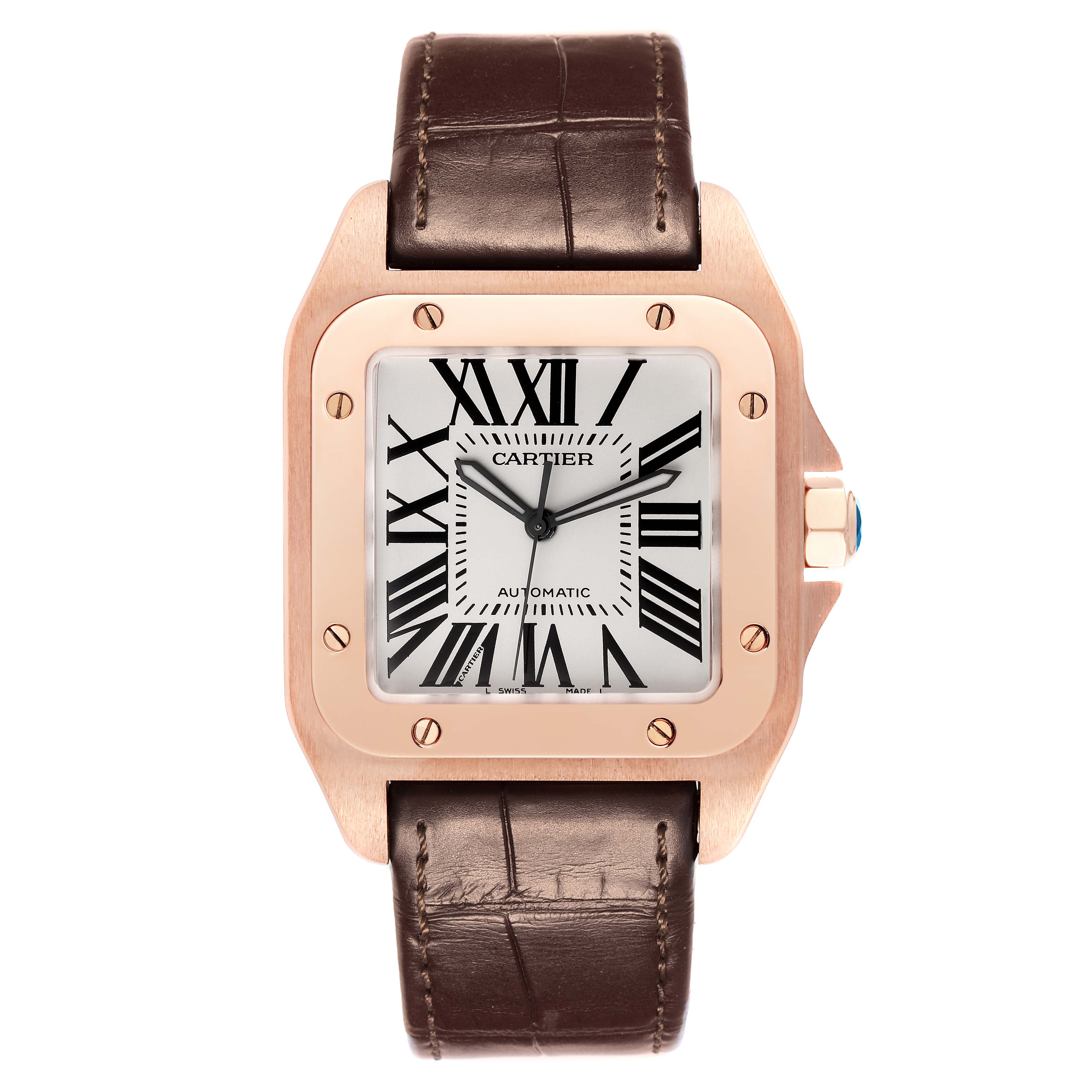 The image shows a front view of a Cartier Santos W20095Y1 Men's Rose Gold Silver Dial W20095Y1 Men's Rose Gold Silver Dial watch with a square face, Roman numerals, and a brown leather strap.