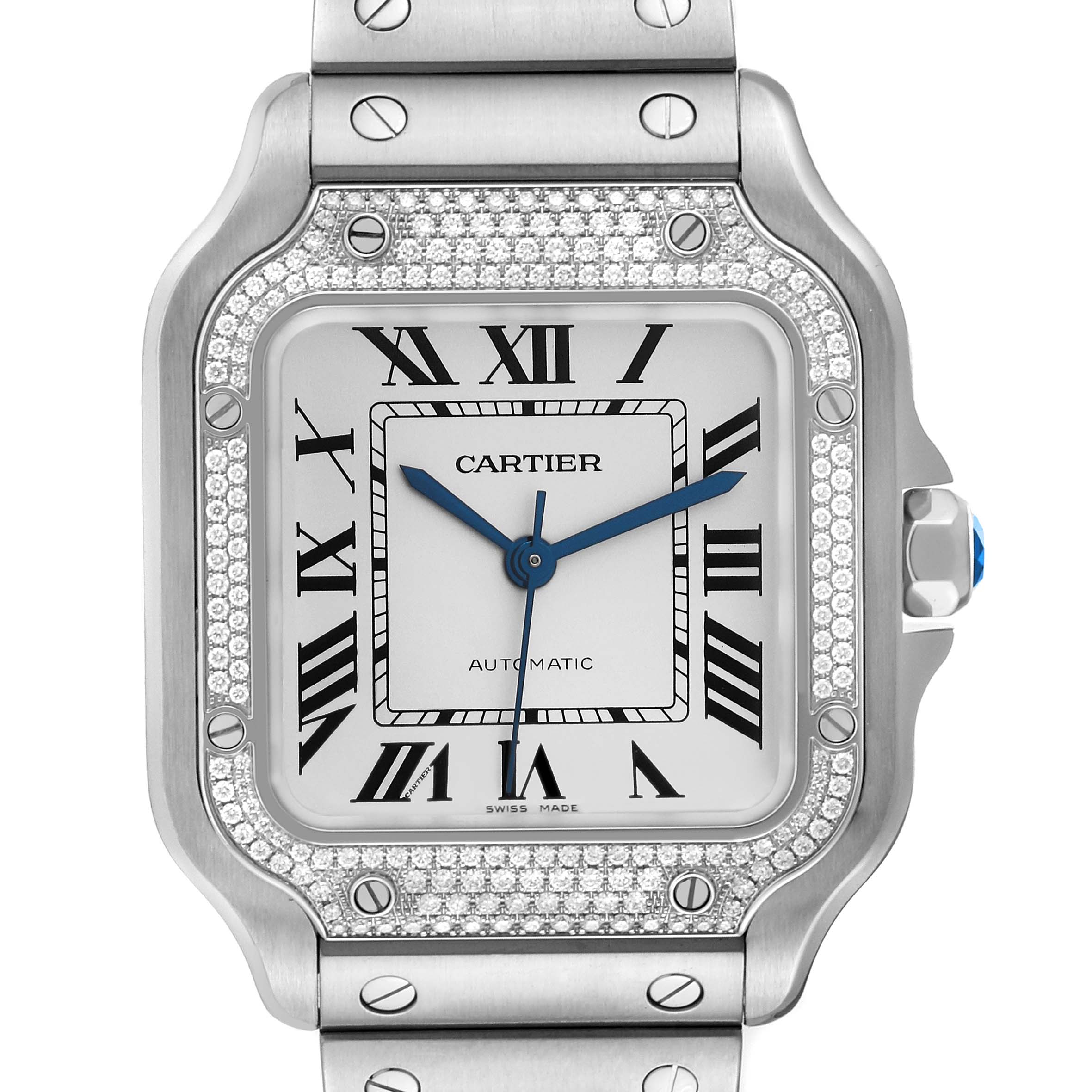 This image shows a close-up front view of the Cartier Santos W4SA0005 Men
s Stainless Steel Silver Dial W4SA0005 Men
s Stainless Steel Silver Dial watch, highlighting its dial, bezel with diamond details, and part of the bracelet.