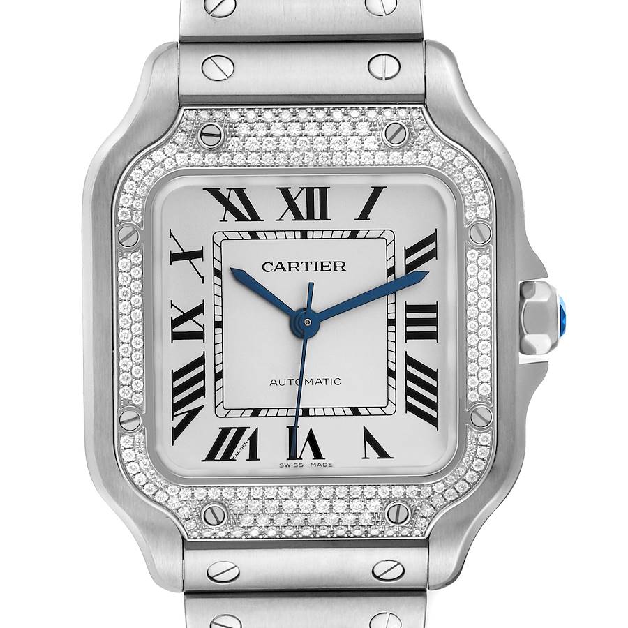Cartier Santos Silver Dial Steel Diamond Mens Watch W4SA0005 Box Card SwissWatchExpo