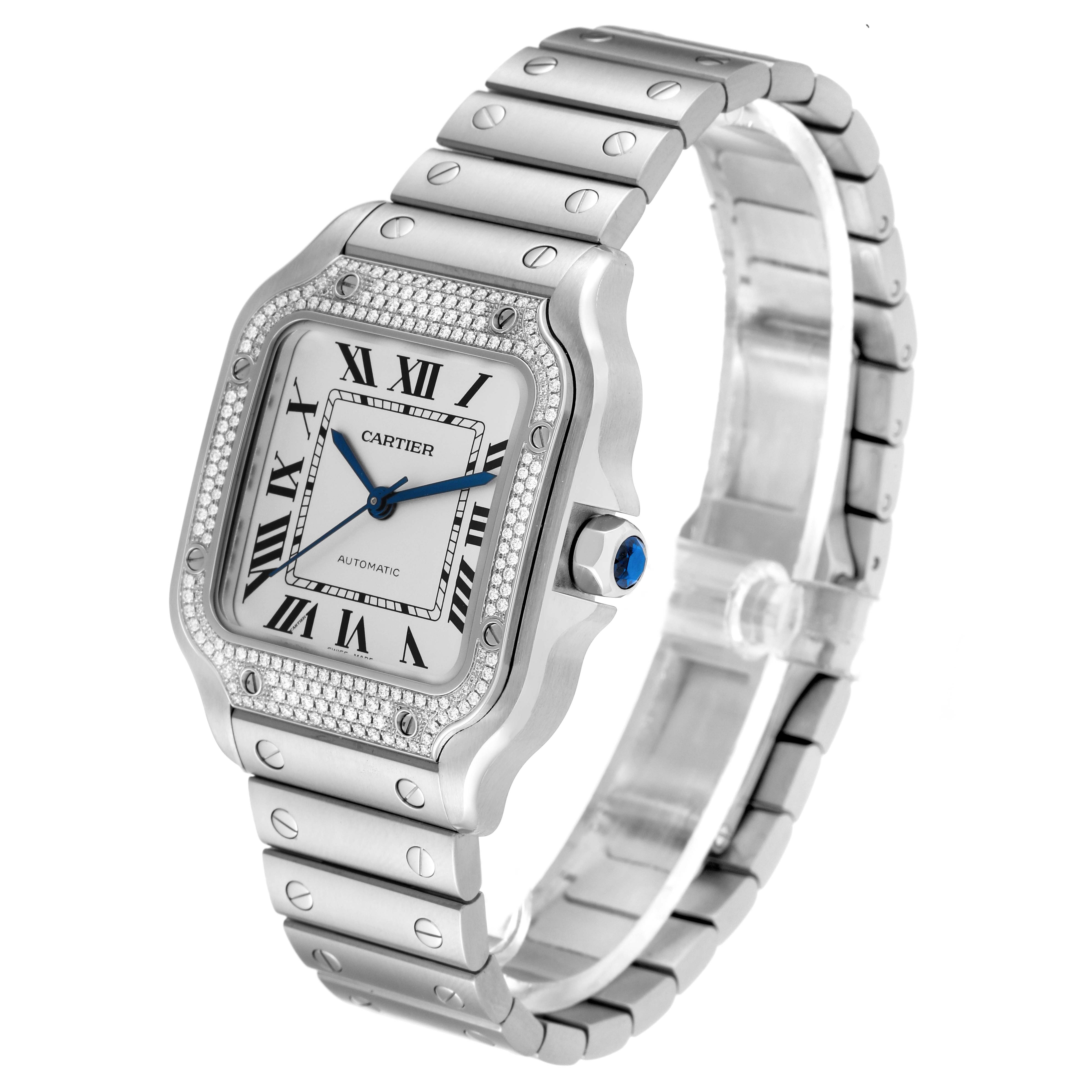 The image shows a Cartier Santos W4SA0005 Men
s Stainless Steel Silver Dial W4SA0005 Men
s Stainless Steel Silver Dial watch, angled to display the face, bezel, case, and bracelet.