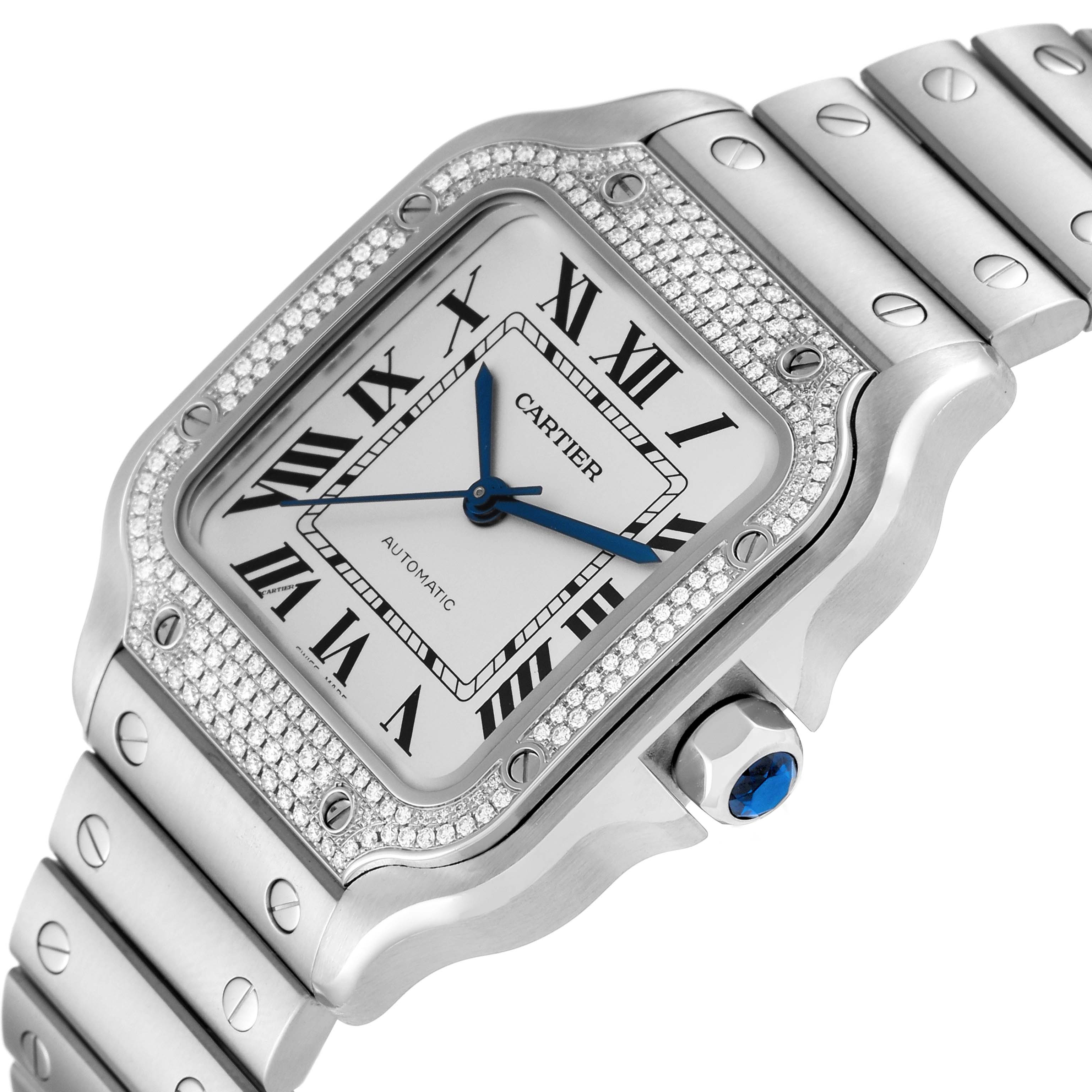 The image shows a close-up angle of the Cartier Santos W4SA0005 Men
s Stainless Steel Silver Dial W4SA0005 Men
s Stainless Steel Silver Dial watch, highlighting the face, bezel, crown, and part of the bracelet.