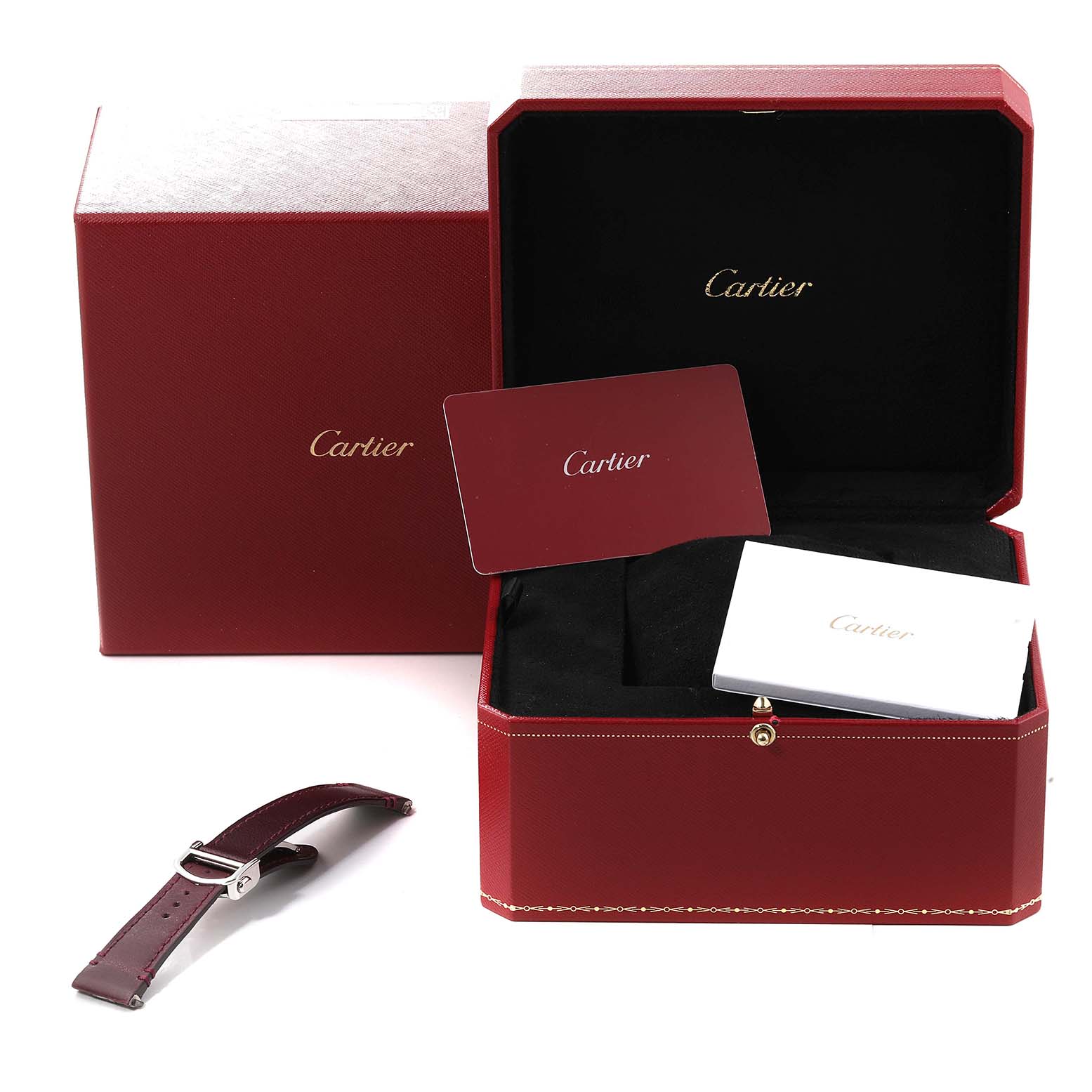 The image shows the packaging and accessories of a Cartier Santos W4SA0005 Men
s Stainless Steel Silver Dial W4SA0005 Men
s Stainless Steel Silver Dial model watch, including a red box, booklet, and watch strap.