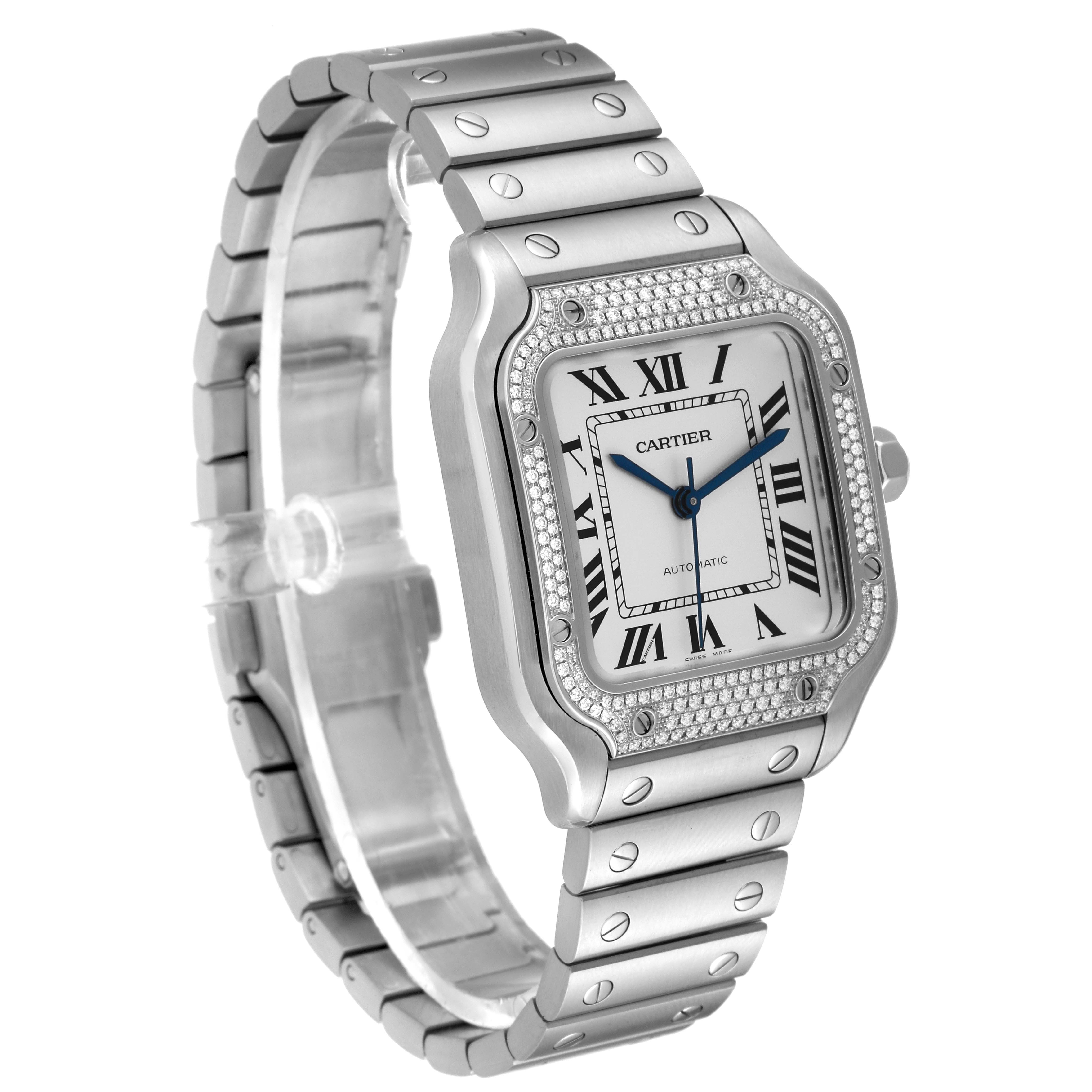 The image shows a Cartier Santos W4SA0005 Men
s Stainless Steel Silver Dial W4SA0005 Men
s Stainless Steel Silver Dial model watch, angled to display the front face, bracelet, and bezel.