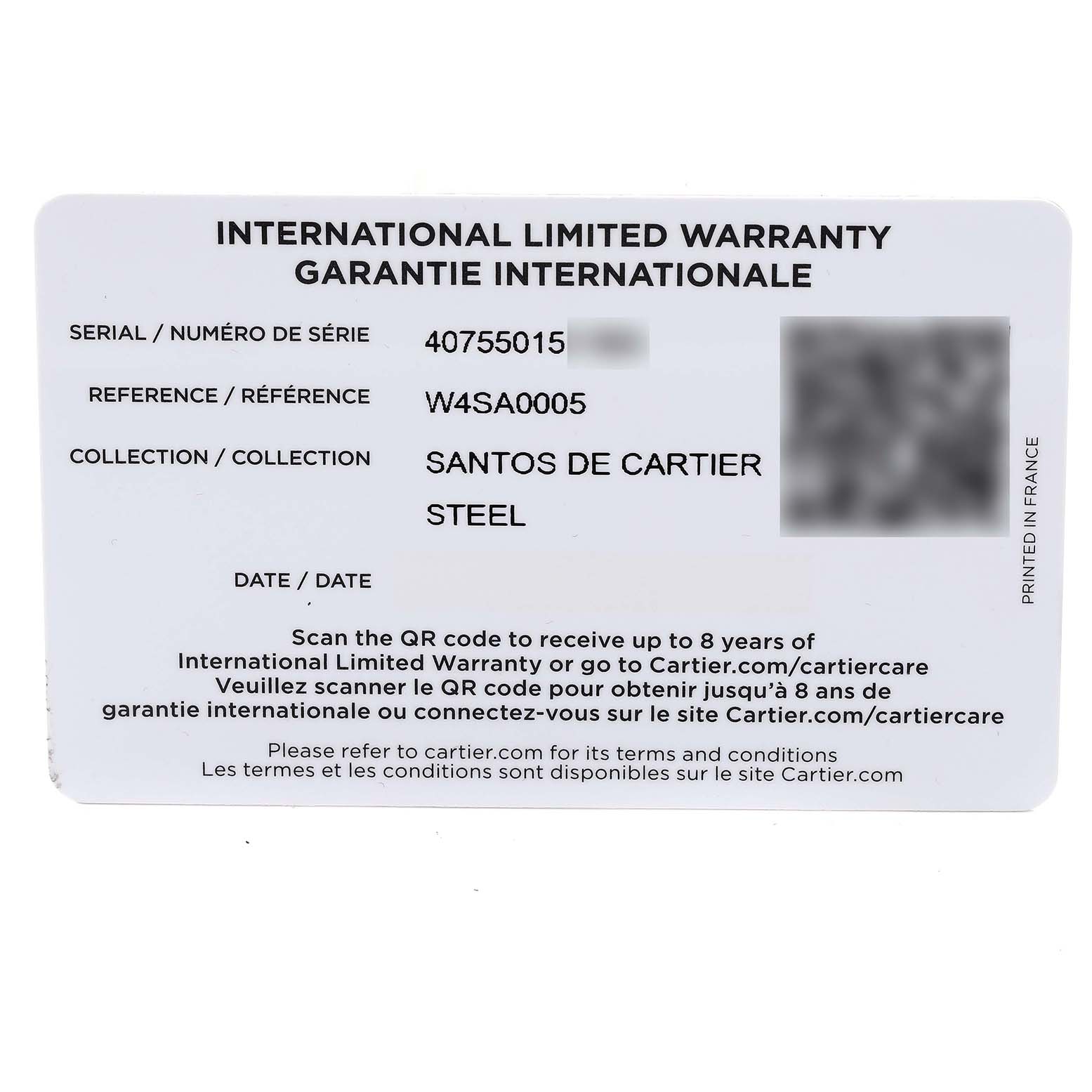 The image shows the international limited warranty card for the Santos de Cartier watch model, including the serial and reference numbers.