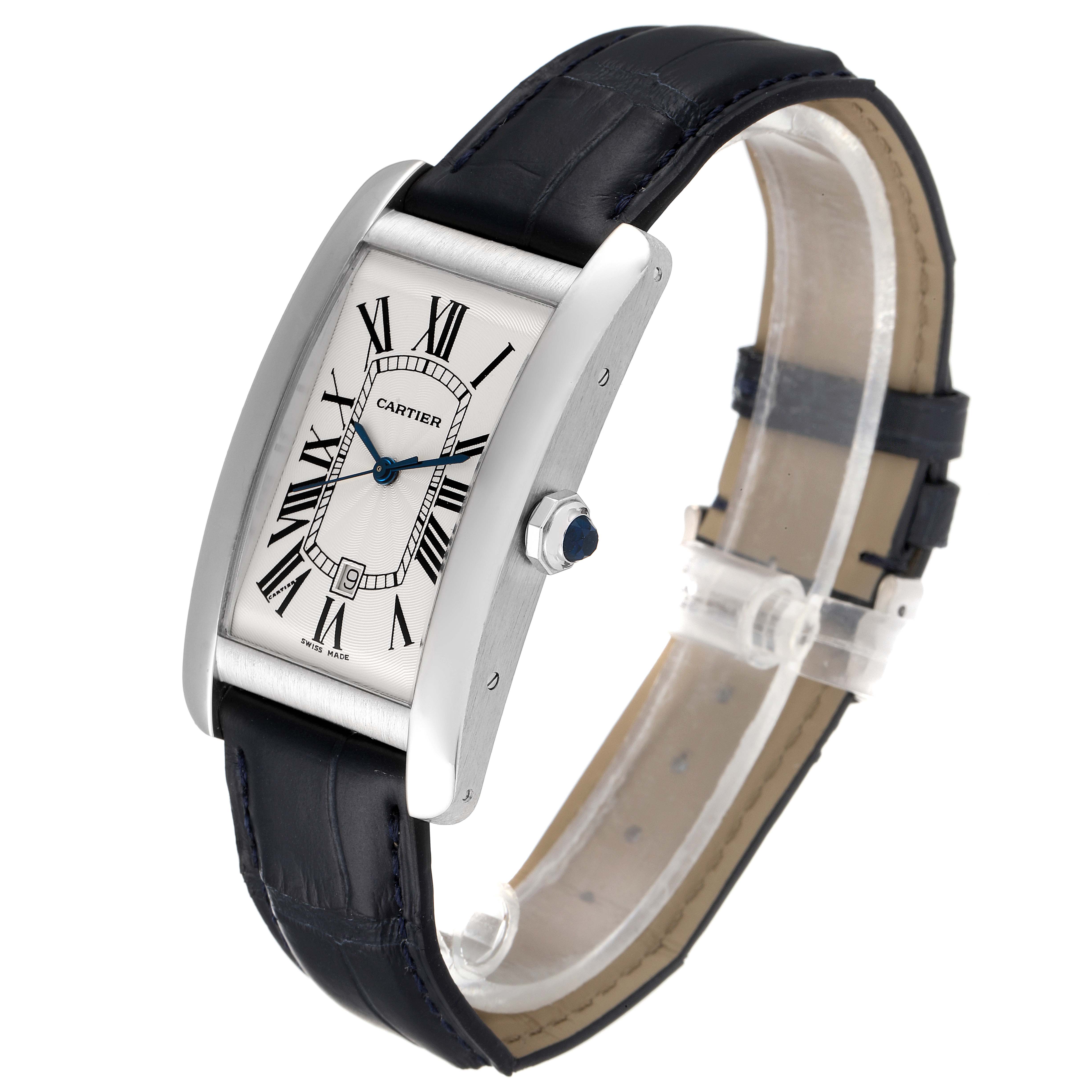 The image shows a Cartier Tank Americaine W2603256 Men's White Gold Silver Dial W2603256 Men's White Gold Silver Dial watch at an angle emphasizing its rectangular face and leather strap.
