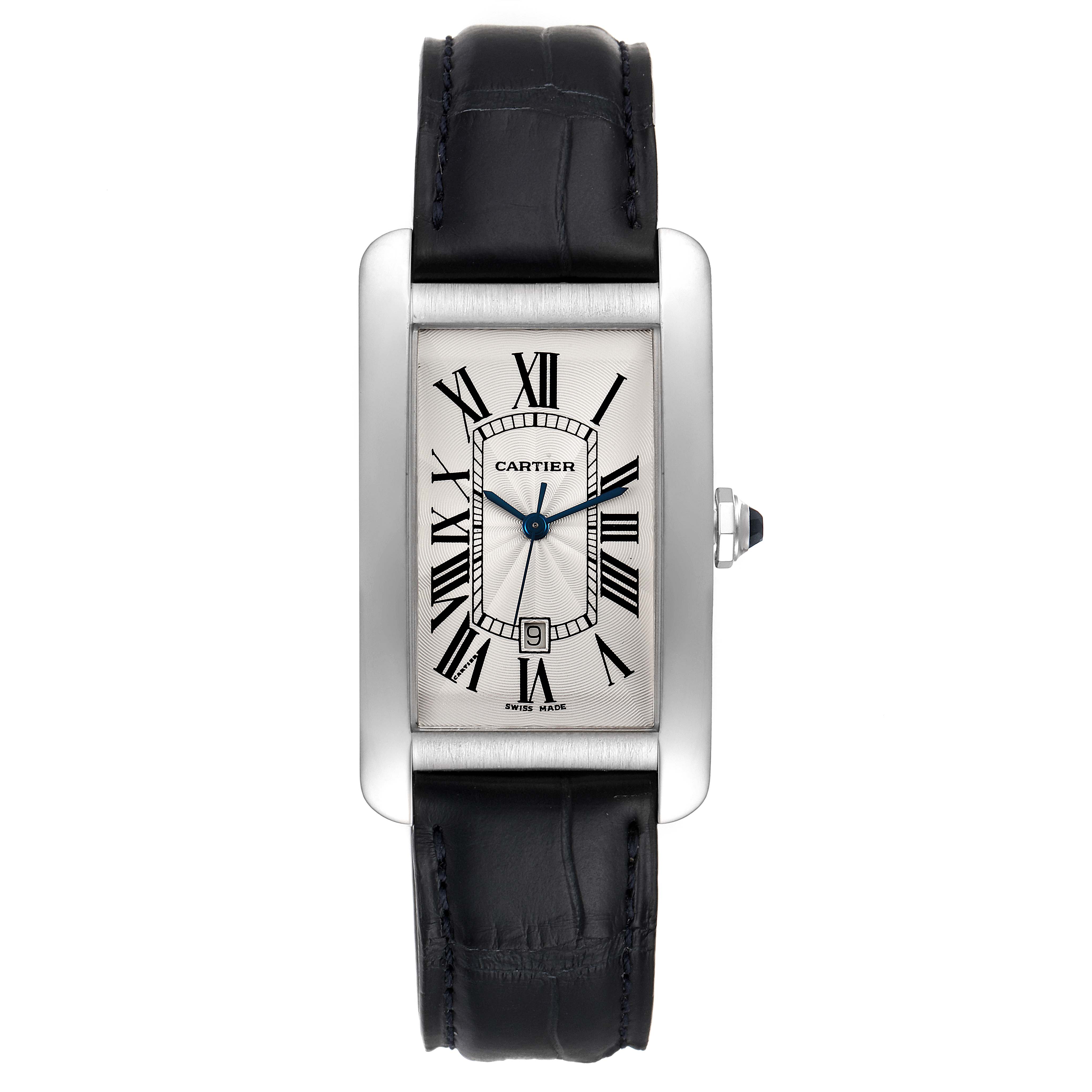 This is a frontal view of the Cartier Tank Americaine W2603256 Men's White Gold Silver Dial W2603256 Men's White Gold Silver Dial watch showing the face, Roman numerals, and a black leather strap.