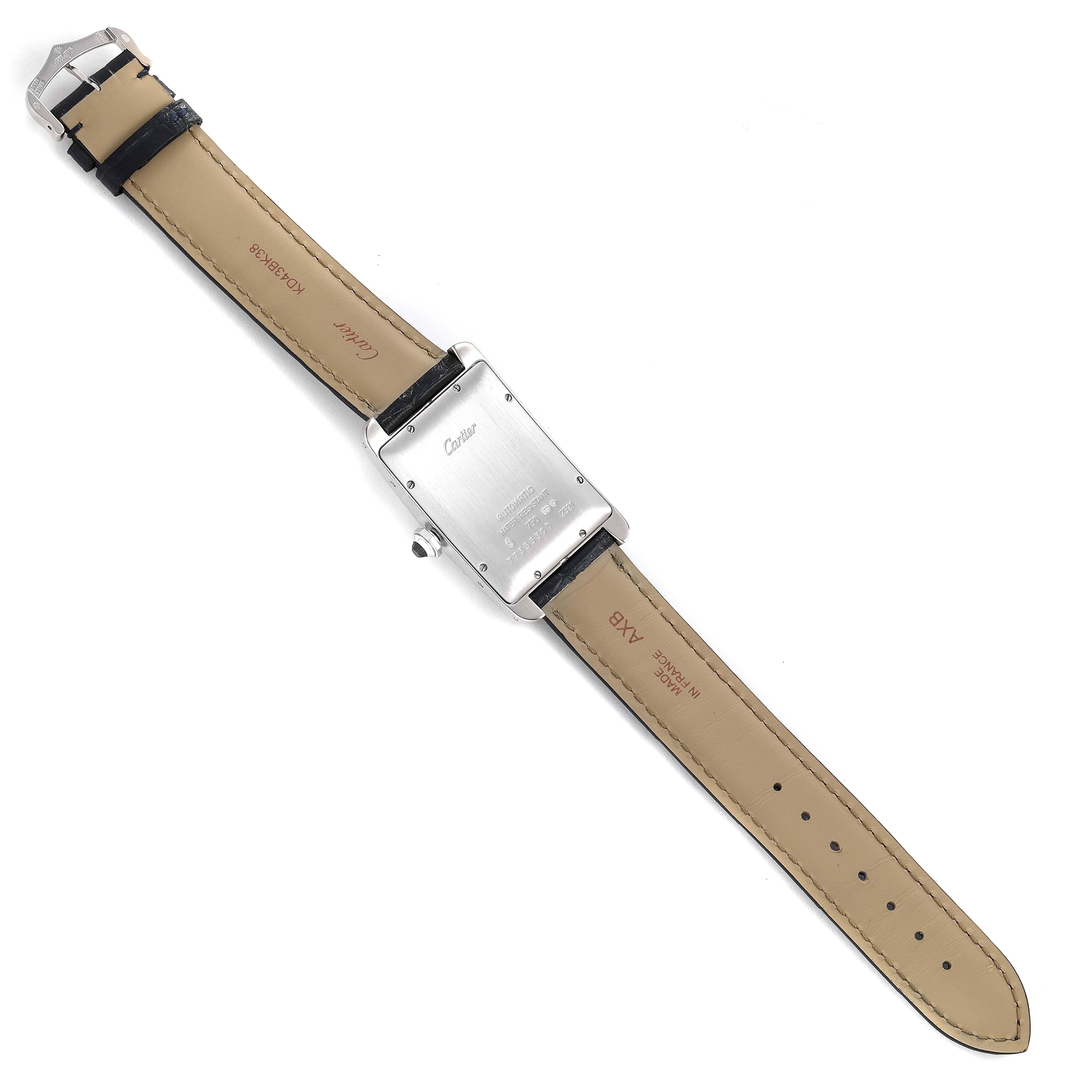 The image shows the back view of the Cartier Tank Americaine W2603256 Men's White Gold Silver Dial W2603256 Men's White Gold Silver Dial watch, displaying the case back and leather straps.