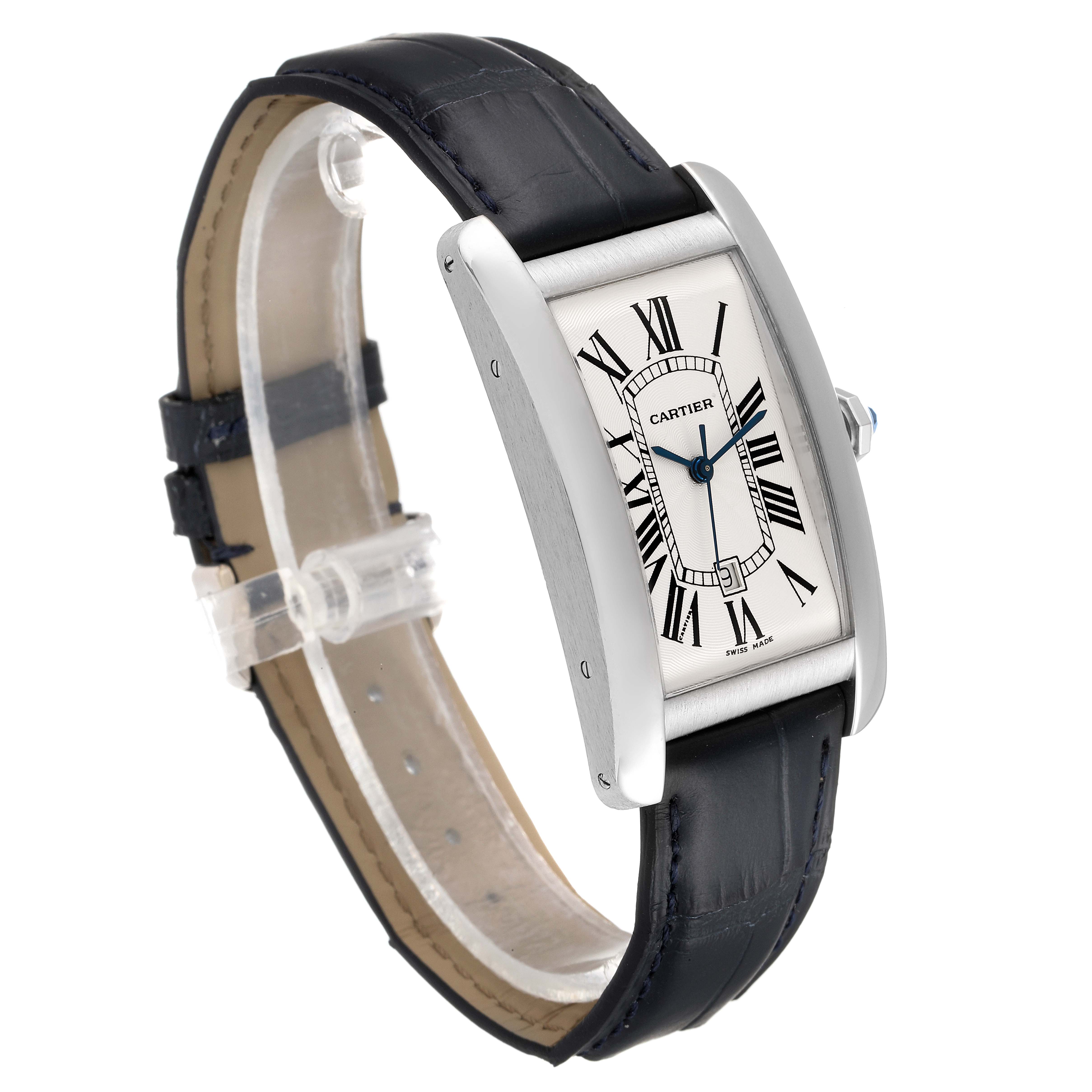 The image shows a Cartier Tank Américaine watch in a three-quarter view, highlighting its rectangular case and leather strap.