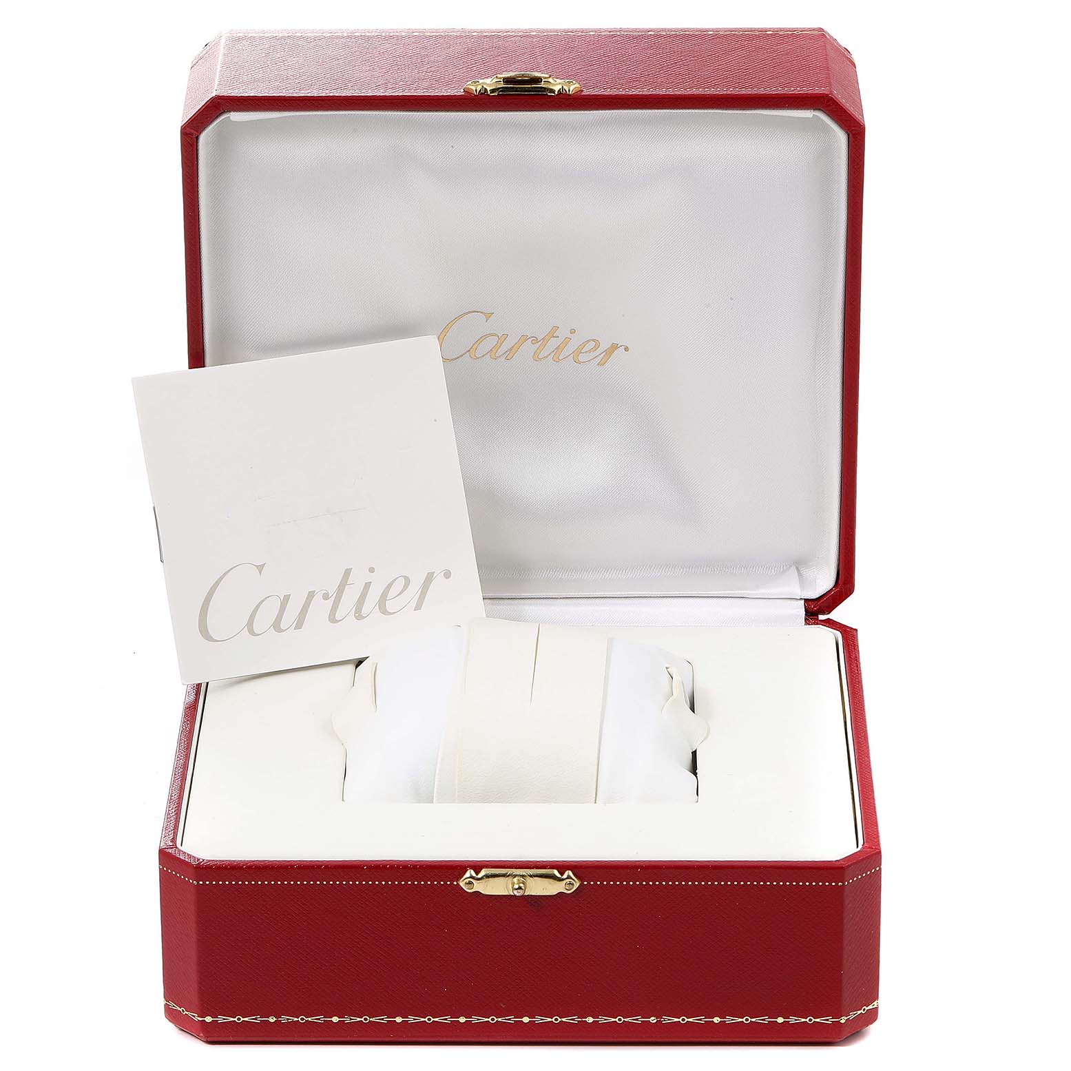 The image shows an open Cartier red box containing the Tank Americaine model watch along with Cartier booklets.
