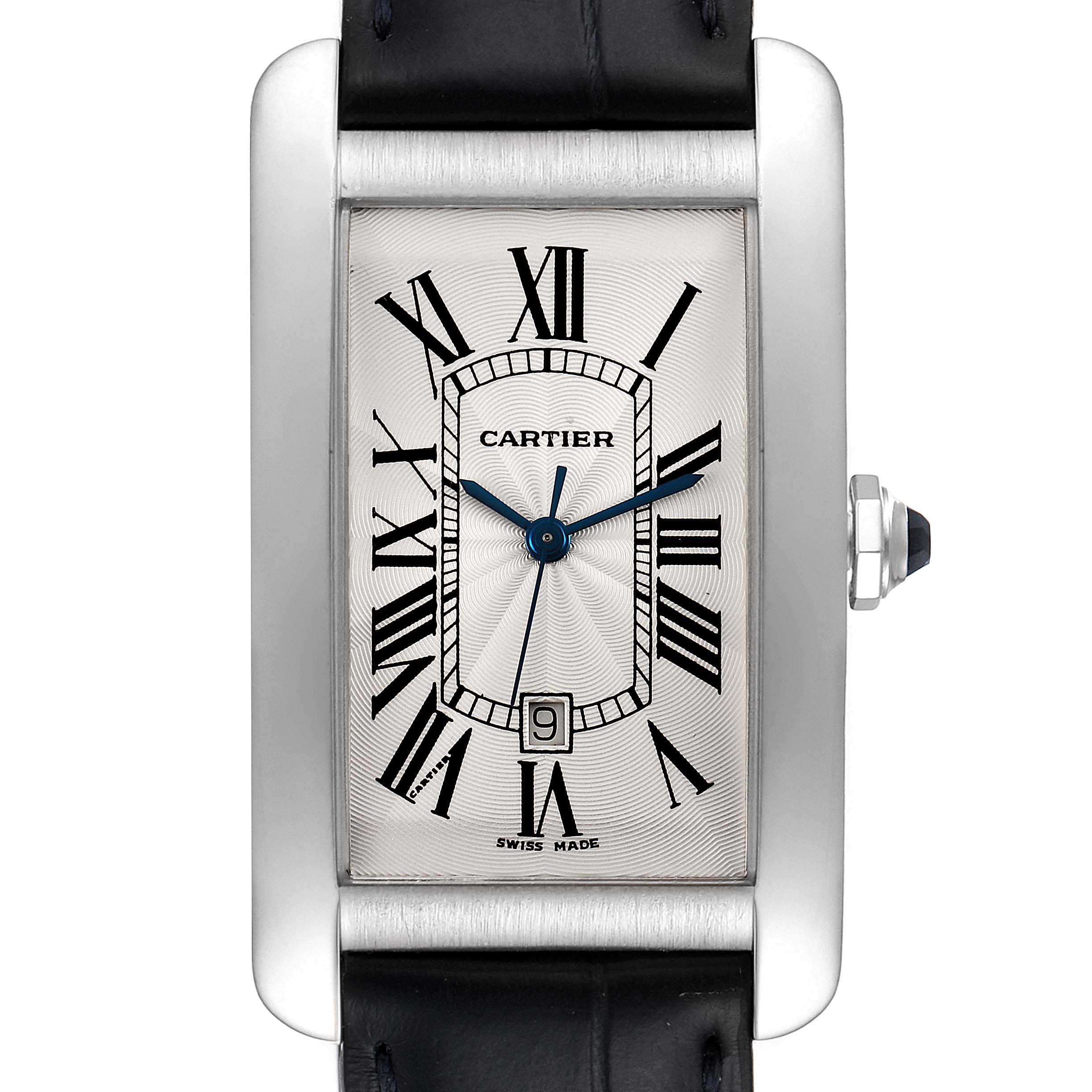 The image shows a frontal view of the Cartier Tank Américaine watch, featuring its rectangular face with Roman numerals and black leather strap.