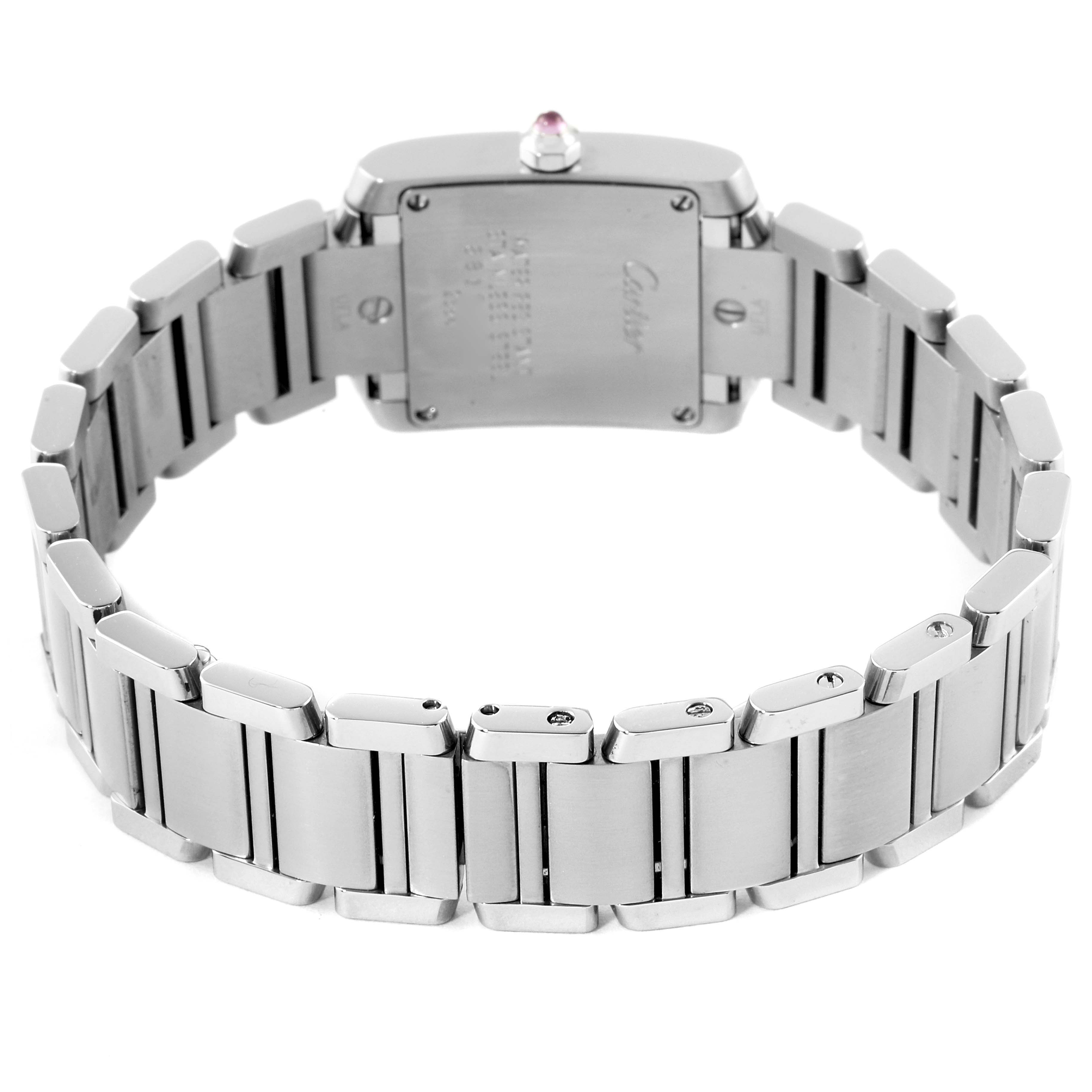 The image shows the Tank Francaise watch by Cartier from the back, highlighting the case back and metal bracelet.