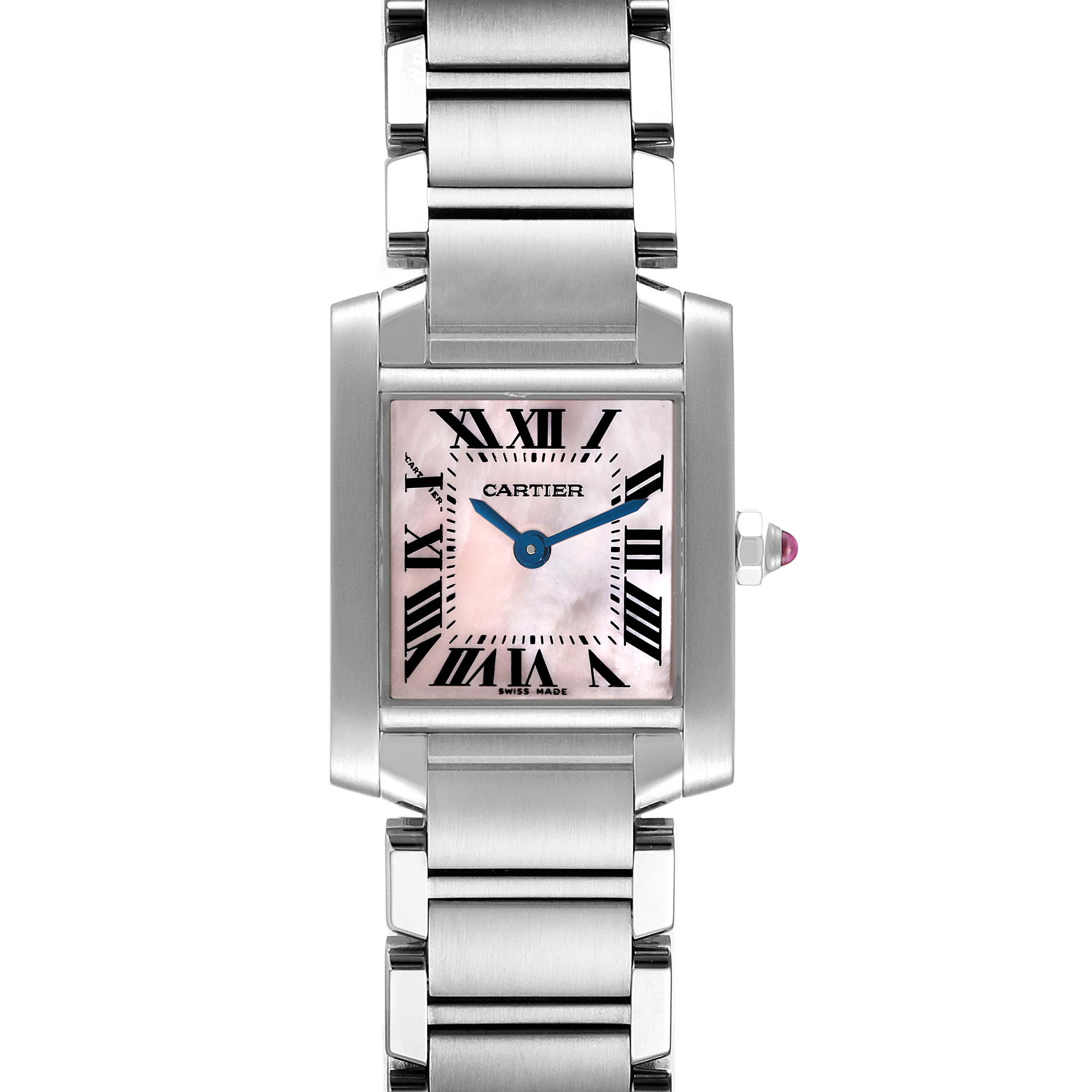 The image shows a front view of the Cartier Tank Francaise W51028Q3 Women's Stainless Steel Mother of Pearl Dial W51028Q3 Women's Stainless Steel Mother of Pearl Dial watch, highlighting its face, bracelet, and crown with a gem.