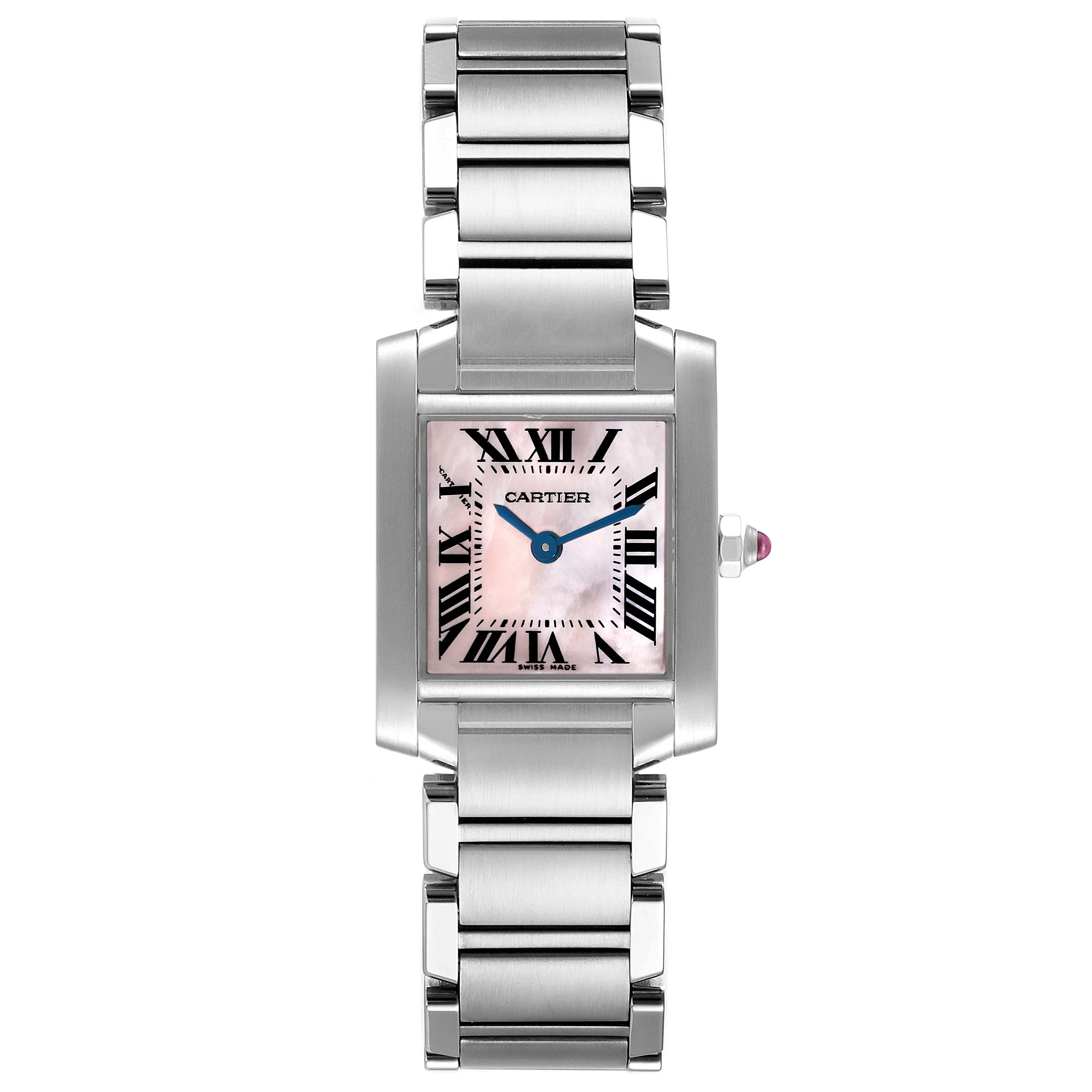 The image shows a Cartier Tank Francaise W51028Q3 Women's Stainless Steel Mother of Pearl Dial W51028Q3 Women's Stainless Steel Mother of Pearl Dial watch, displaying its full face, bracelet, and crown from a straight-on view.