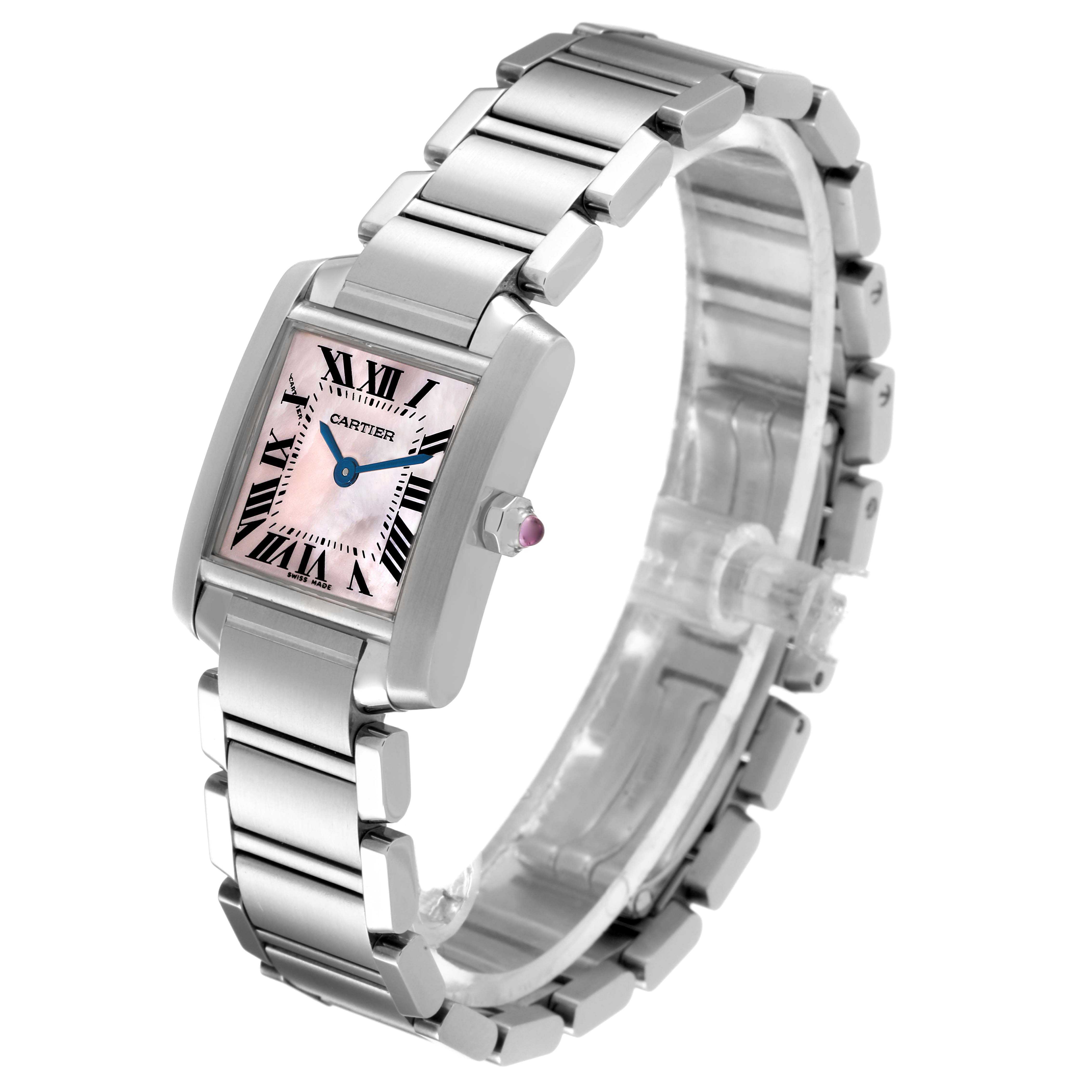The Cartier Tank Francaise W51028Q3 Women's Stainless Steel Mother of Pearl Dial W51028Q3 Women's Stainless Steel Mother of Pearl Dial watch is shown from a front angle, displaying its metal bracelet, rectangular case, and pink dial.