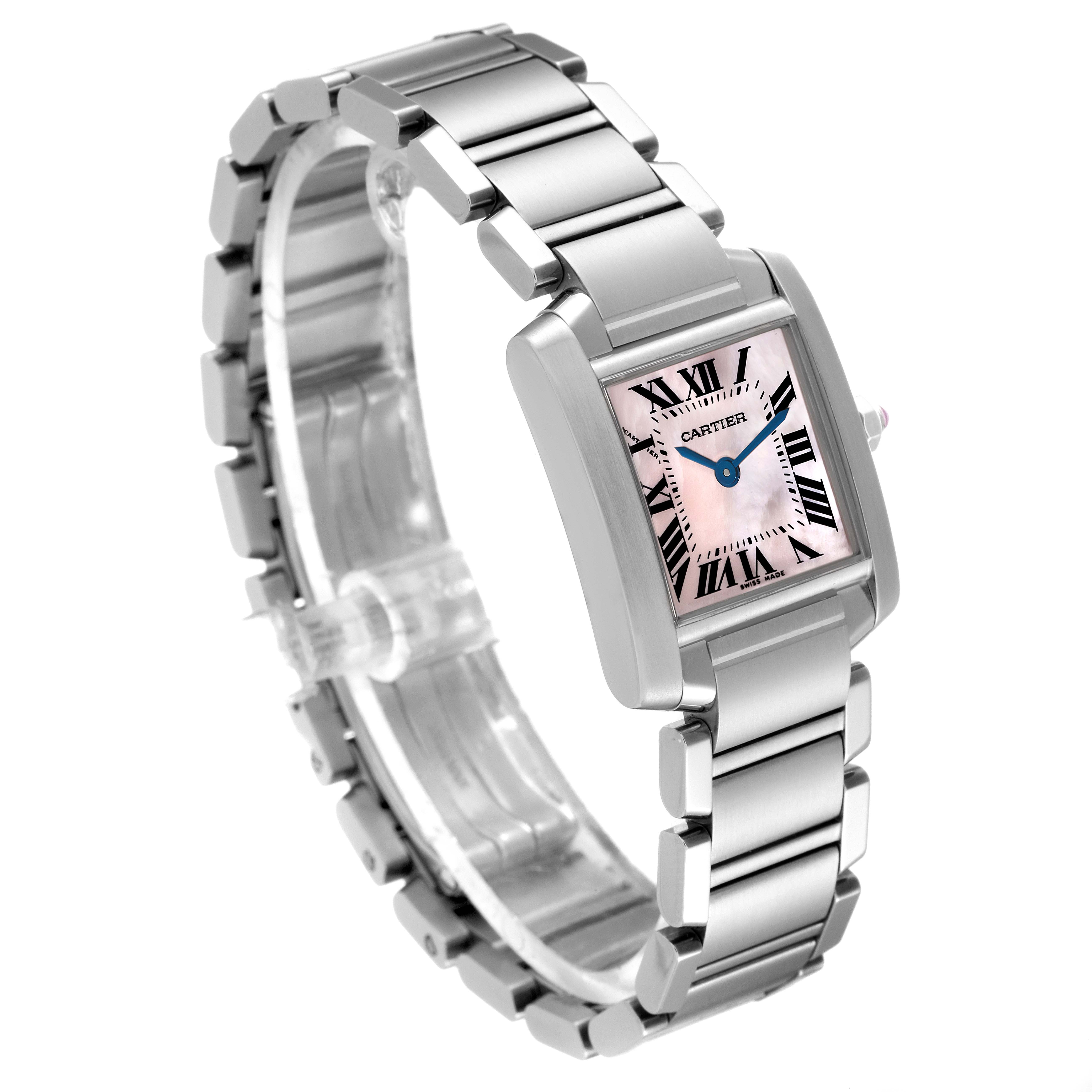 The image shows a Cartier Tank Francaise W51028Q3 Women's Stainless Steel Mother of Pearl Dial W51028Q3 Women's Stainless Steel Mother of Pearl Dial watch at a slight angle, highlighting its face and metal bracelet.