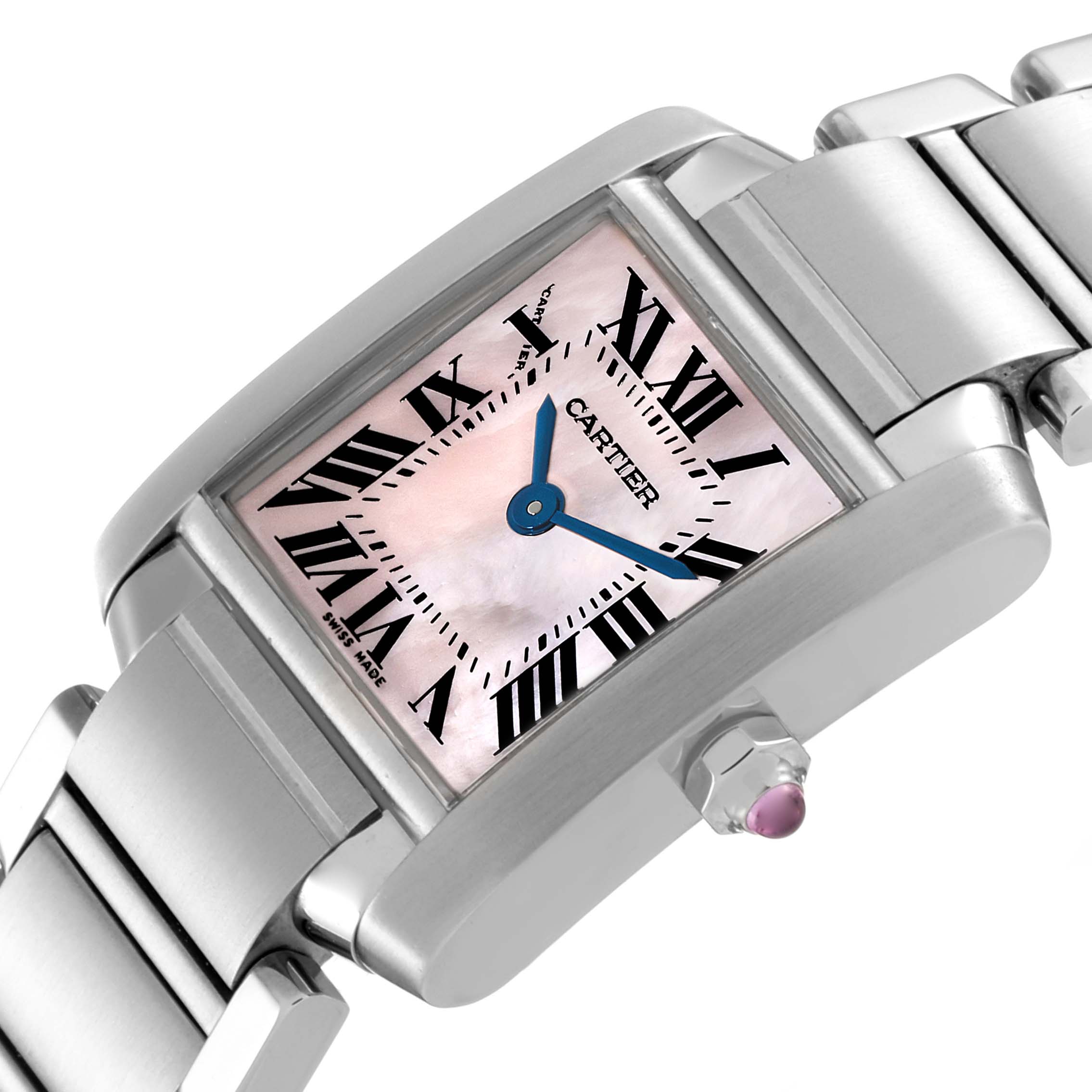The Cartier Tank Française watch is shown at an angle highlighting the dial, casing, crown, and part of the bracelet.