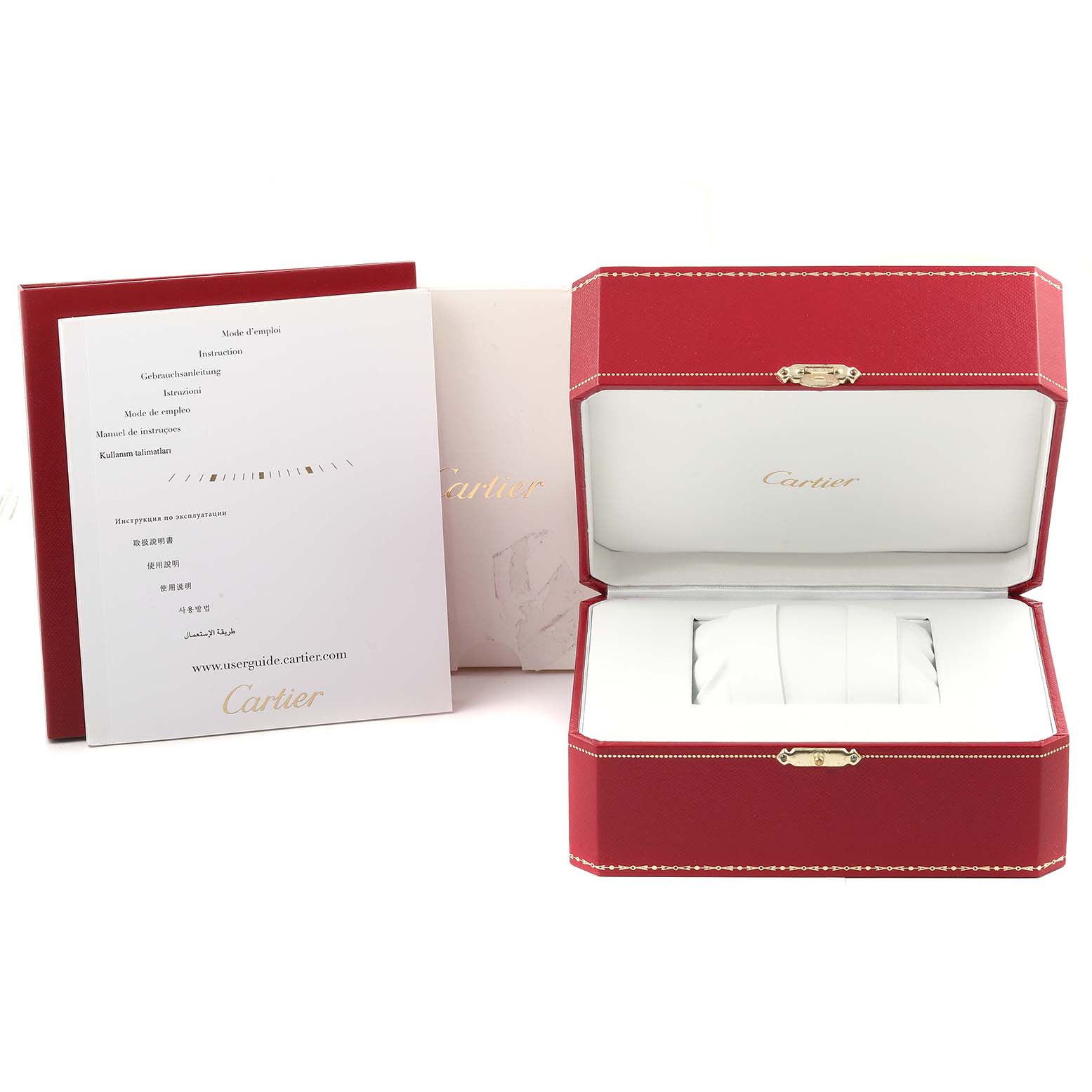 The image shows the Cartier Tank Francaise W51028Q3 Women's Stainless Steel Mother of Pearl Dial W51028Q3 Women's Stainless Steel Mother of Pearl Dial watch box, an instruction manual, and the red outer packaging.