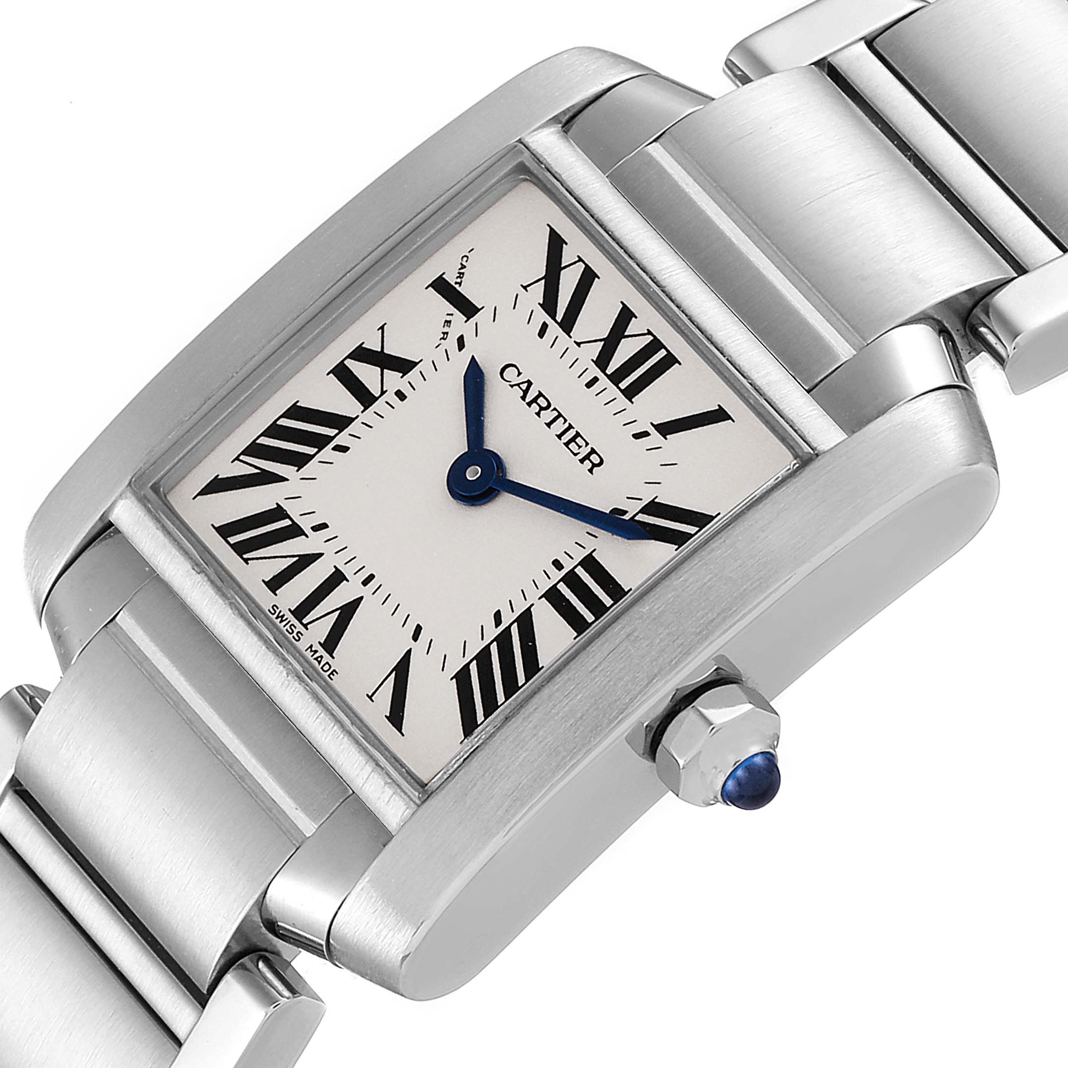 The Cartier Tank Française watch is shown from a close-up angle, highlighting its rectangular face, Roman numerals, and bracelet.