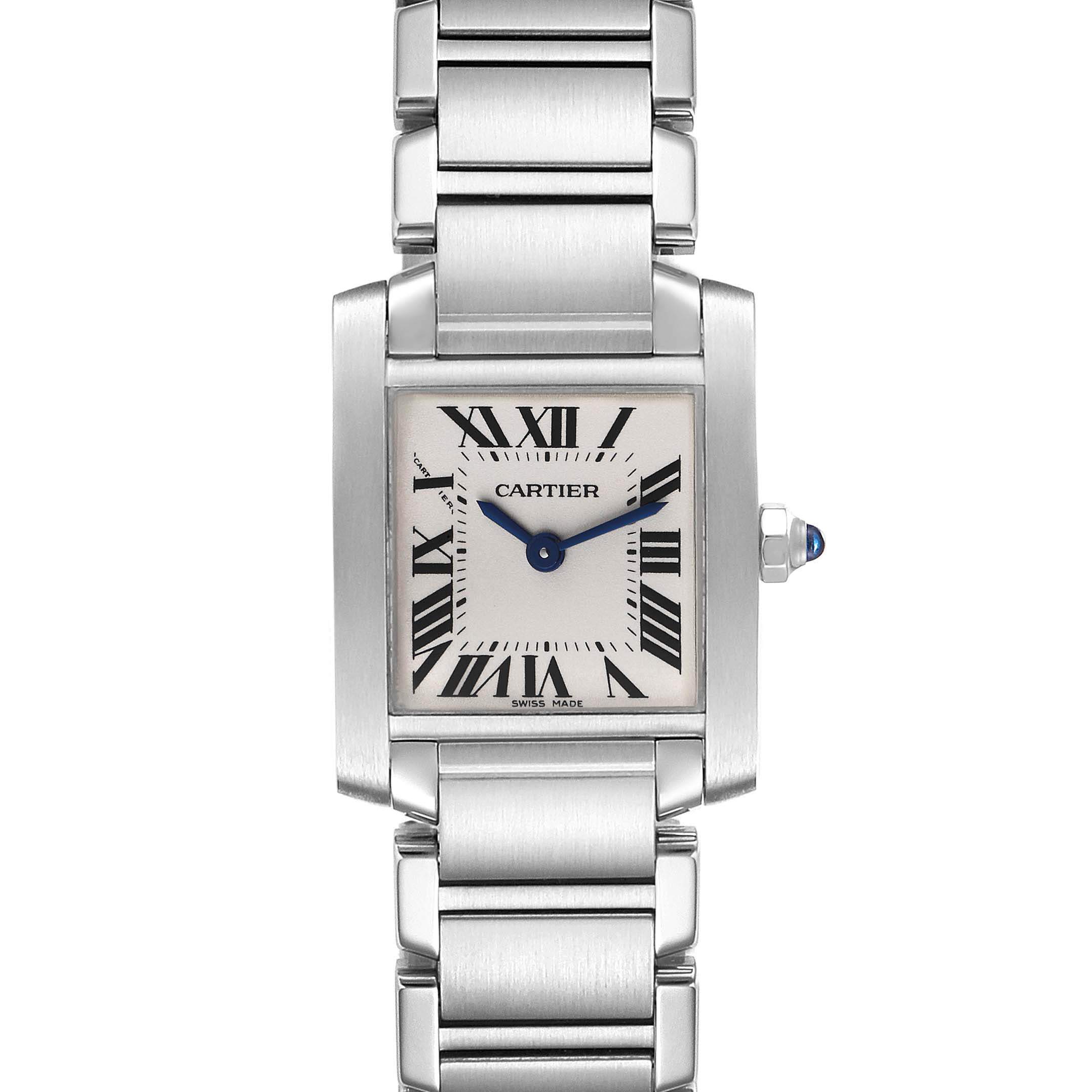 This image shows a frontal view of the Cartier Tank Francaise W51008Q3 Women
s Stainless Steel Silver Dial W51008Q3 Women
s Stainless Steel Silver Dial watch, highlighting its dial, roman numerals, and bracelet.