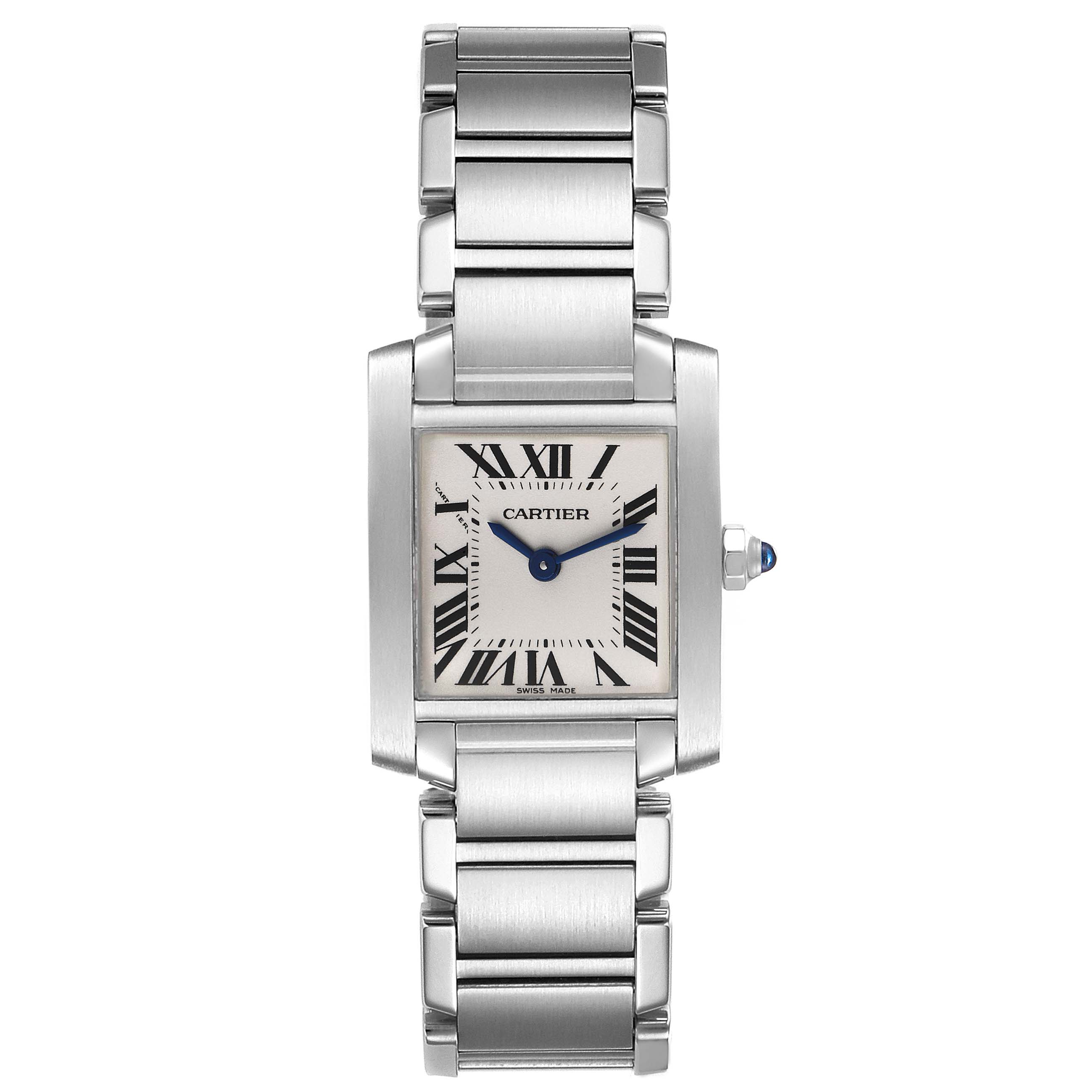 The image shows a Cartier Tank Francaise W51008Q3 Women
s Stainless Steel Silver Dial W51008Q3 Women
s Stainless Steel Silver Dial model watch from a top-down angle highlighting the face, crown, and bracelet.
