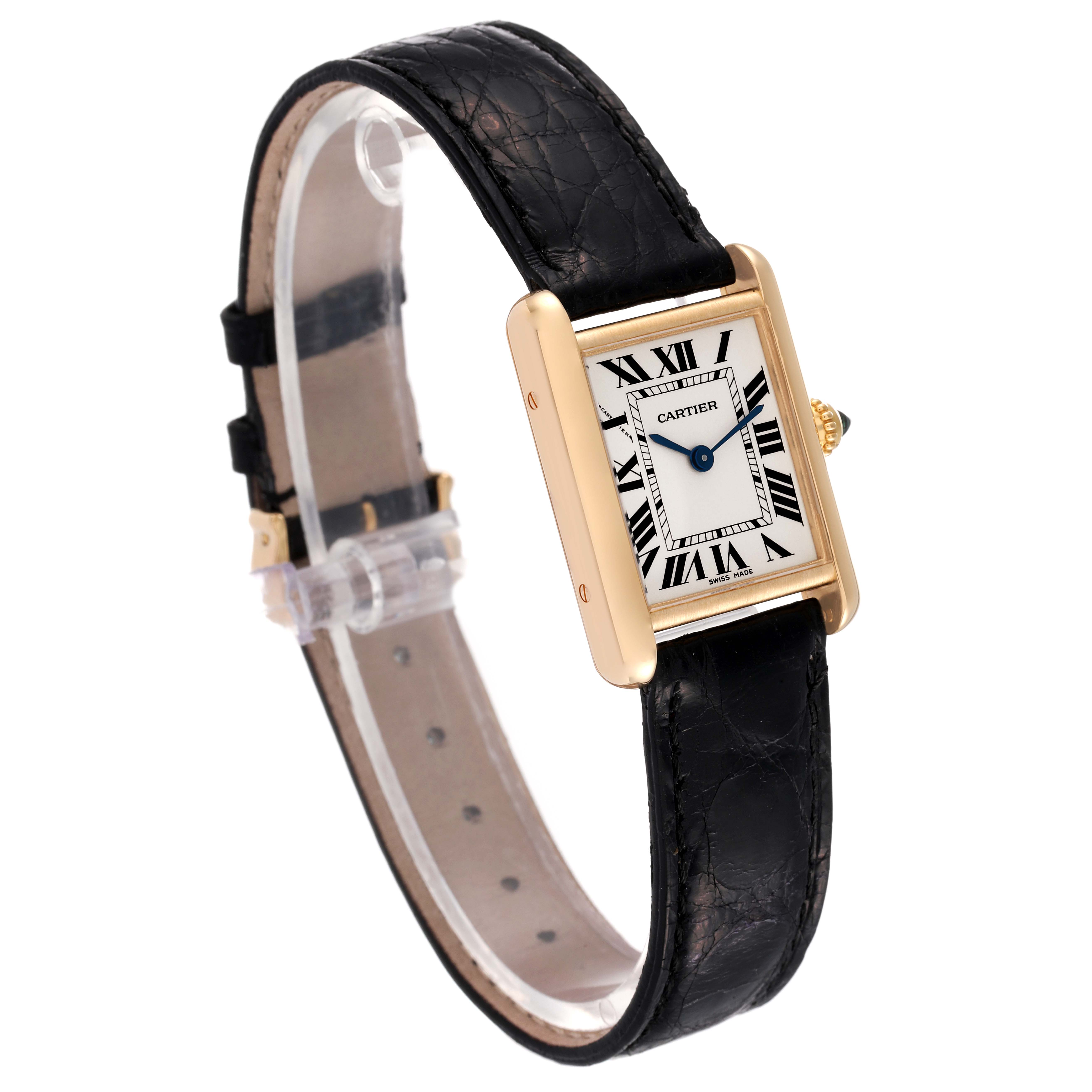 The image shows a Cartier Tank Louis W1529856 Women's Yellow Gold Silver Dial W1529856 Women's Yellow Gold Silver Dial watch from a side angle, displaying its leather strap and rectangular dial.
