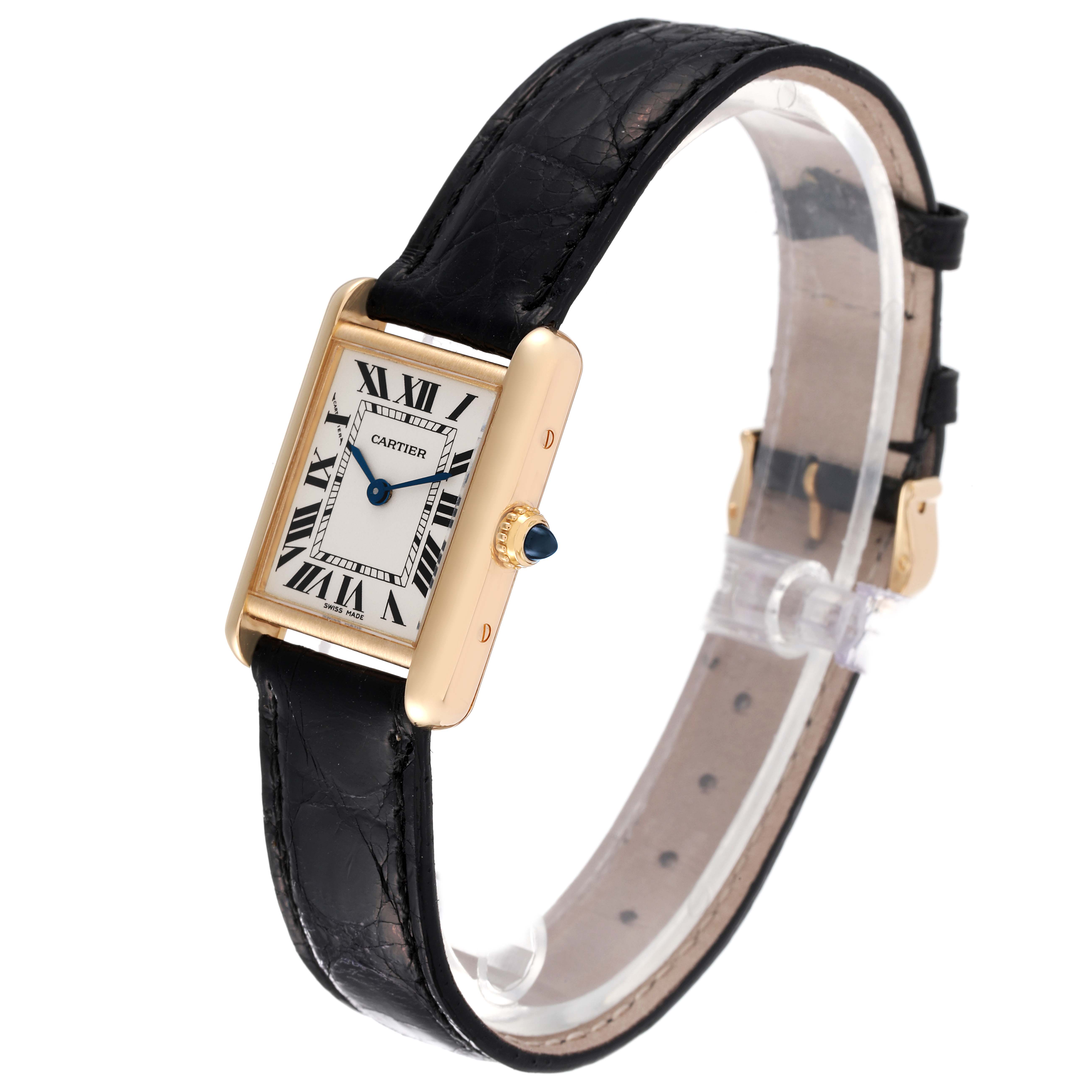 The image shows a side and front view of a Cartier Tank Louis W1529856 Women's Yellow Gold Silver Dial W1529856 Women's Yellow Gold Silver Dial watch, highlighting its rectangular dial and black leather strap.