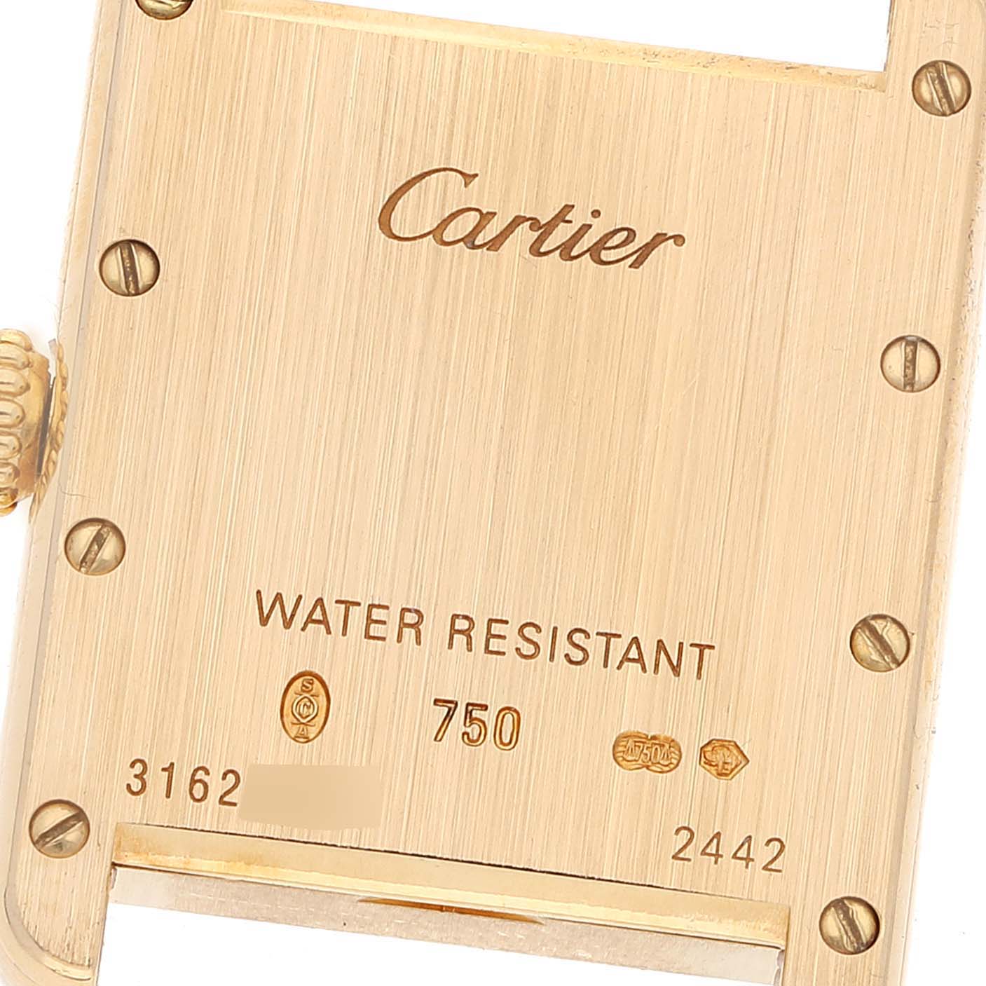 The image shows the back of a Cartier Tank Louis W1529856 Women's Yellow Gold Silver Dial W1529856 Women's Yellow Gold Silver Dial watch, highlighting the brand name, water resistance, and serial number.
