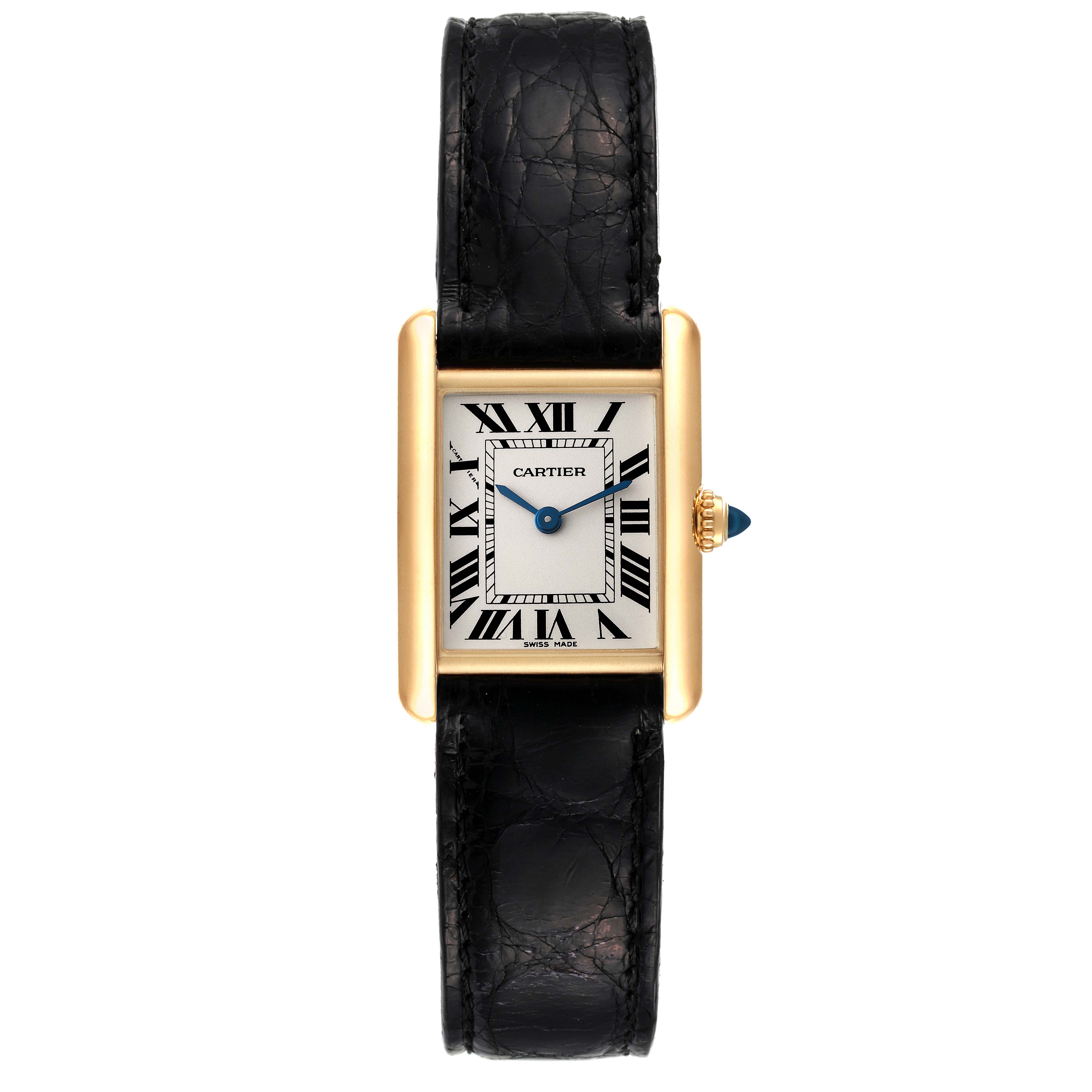 This image shows a front view of a Cartier Tank Louis W1529856 Women's Yellow Gold Silver Dial W1529856 Women's Yellow Gold Silver Dial watch, displaying its rectangular dial, black strap, and gold casing.