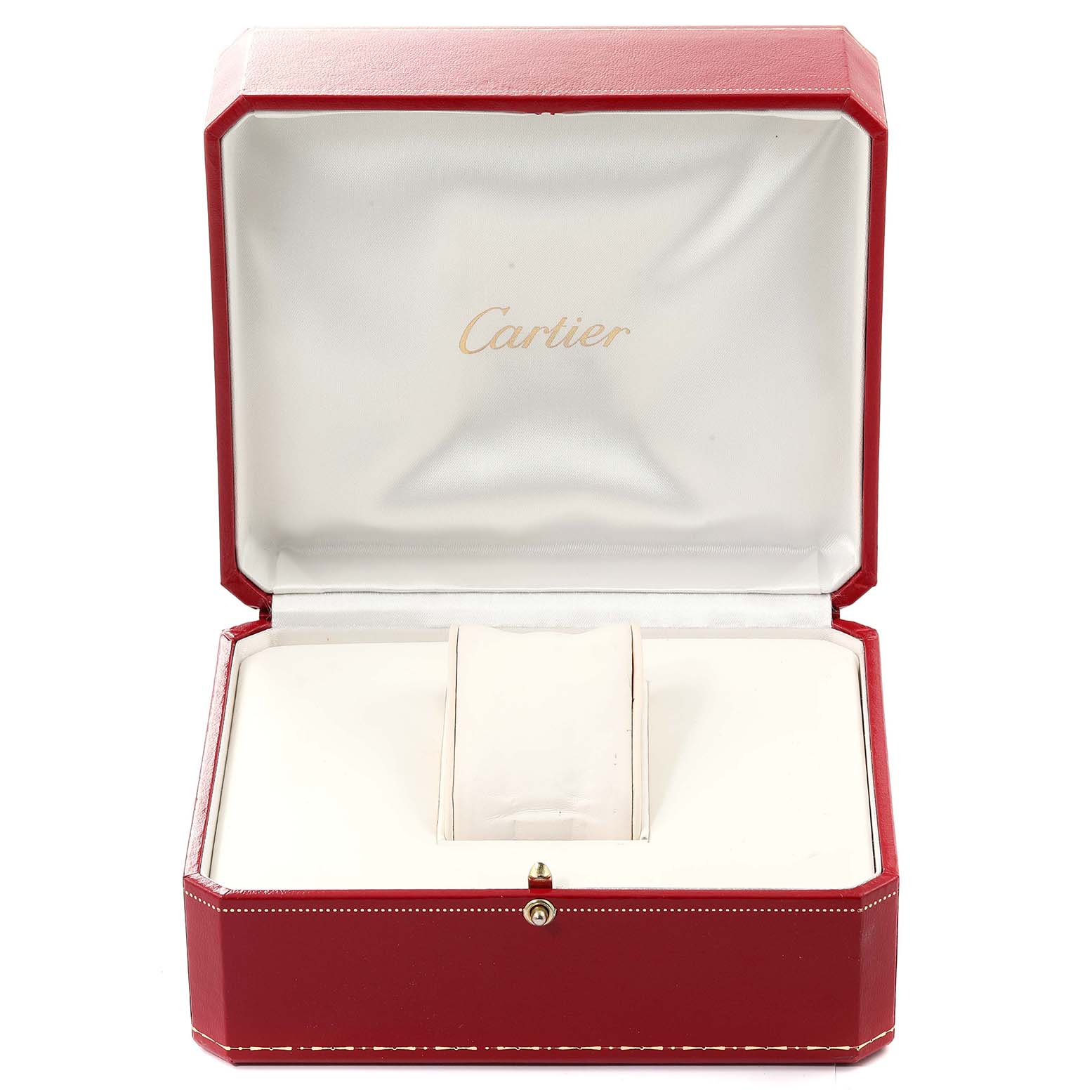 This image shows an open red Cartier box, likely for a Tank Louis model watch, with no watch inside.