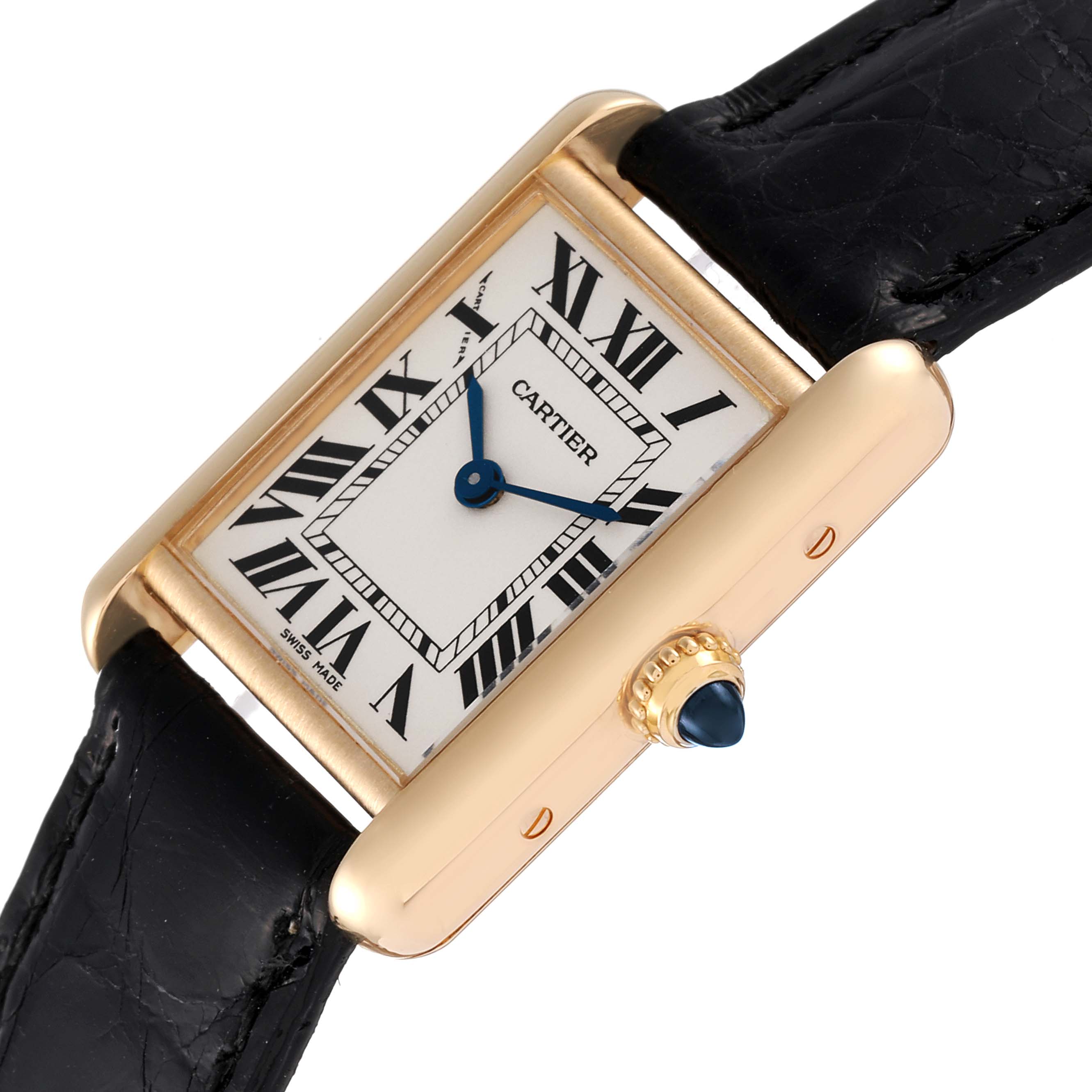 The image shows a Cartier Tank Louis W1529856 Women's Yellow Gold Silver Dial W1529856 Women's Yellow Gold Silver Dial watch at an angle, highlighting its case, dial, crown, and black leather strap.