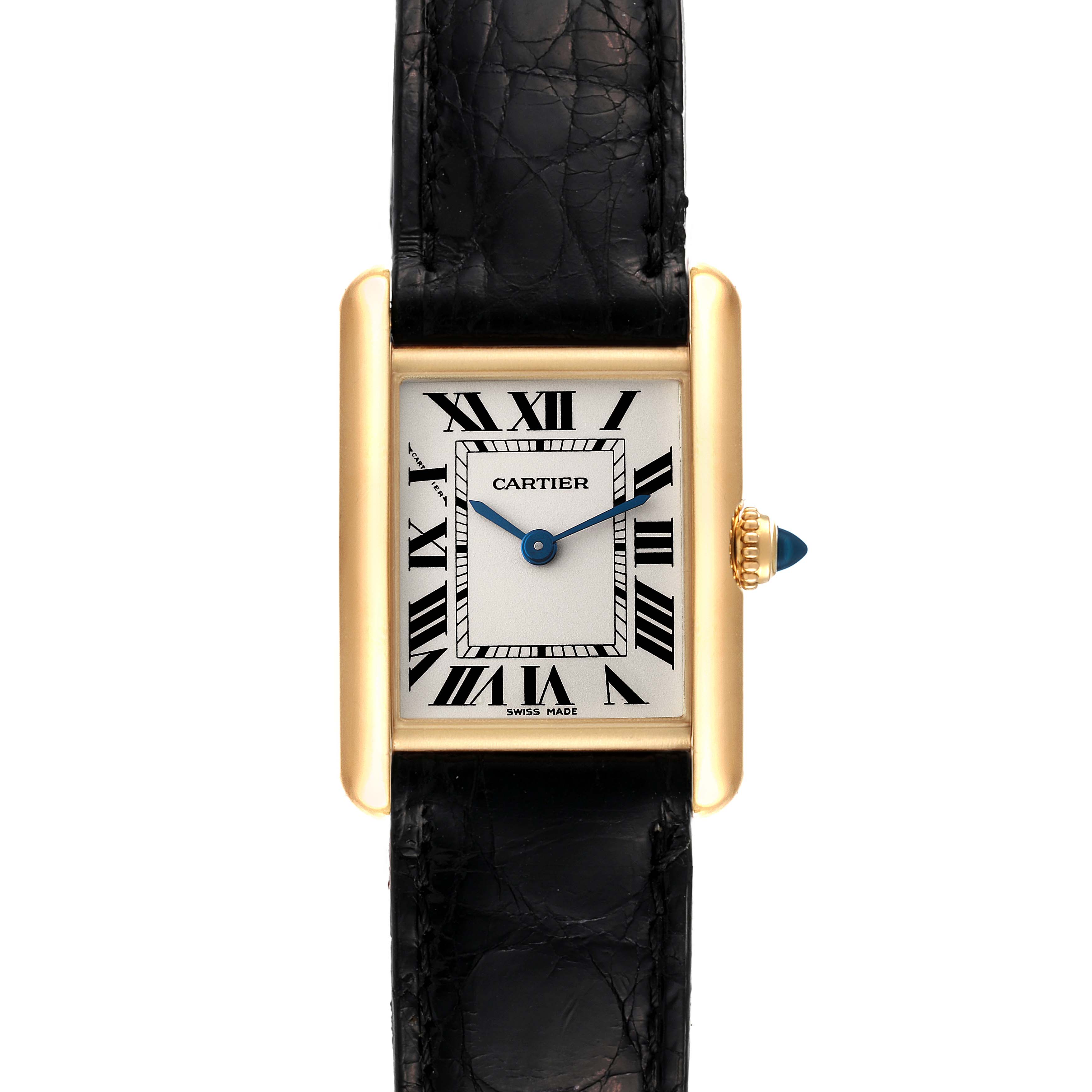 The image shows a front view of the Cartier Tank Louis W1529856 Women's Yellow Gold Silver Dial W1529856 Women's Yellow Gold Silver Dial watch, highlighting the face, strap, and crown.