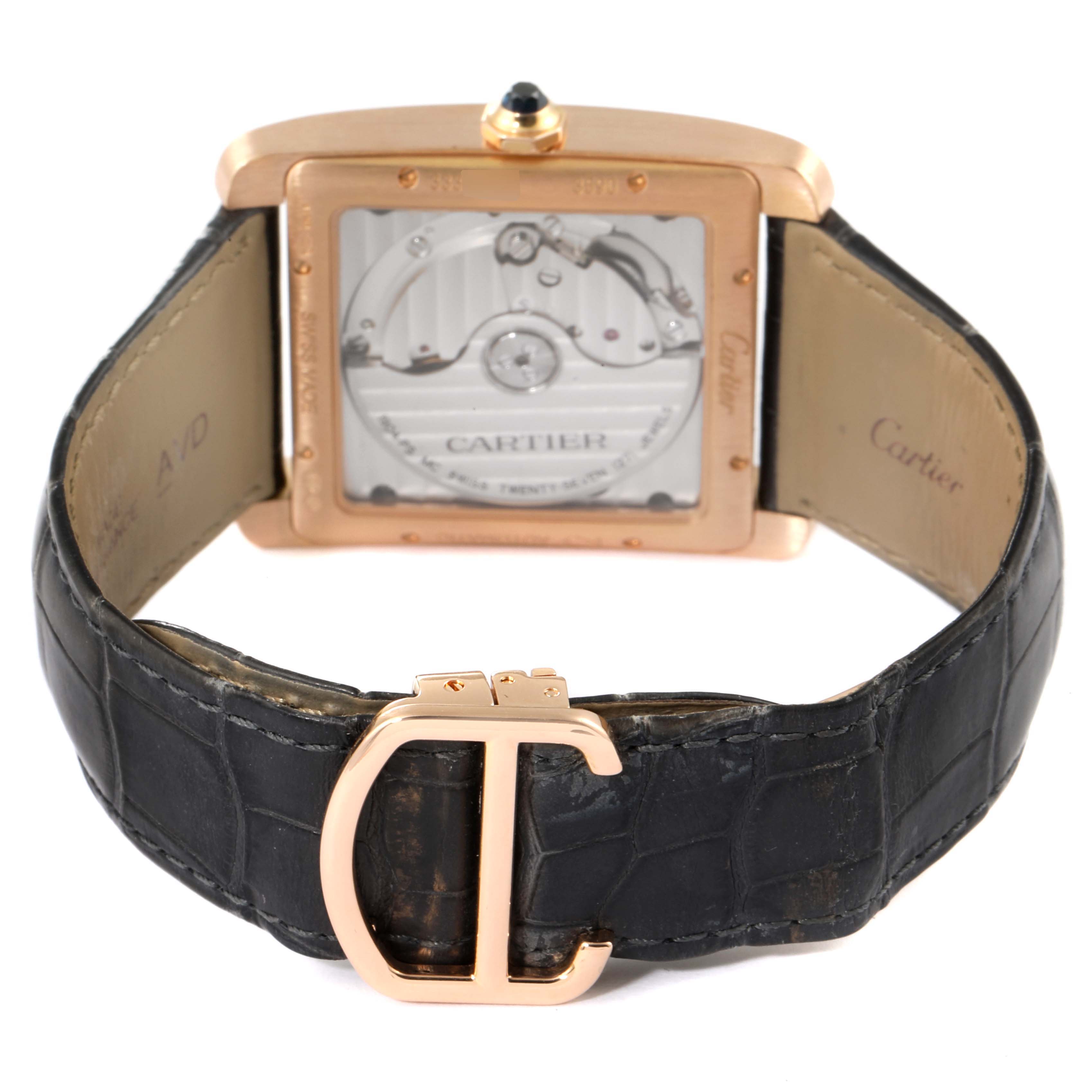 This image shows the back view of the Cartier Tank MC W5330002 Men's Rose Gold Grey Dial W5330002 Men's Rose Gold Grey Dial watch, highlighting its movement, caseback, and leather strap with the Cartier clasp.