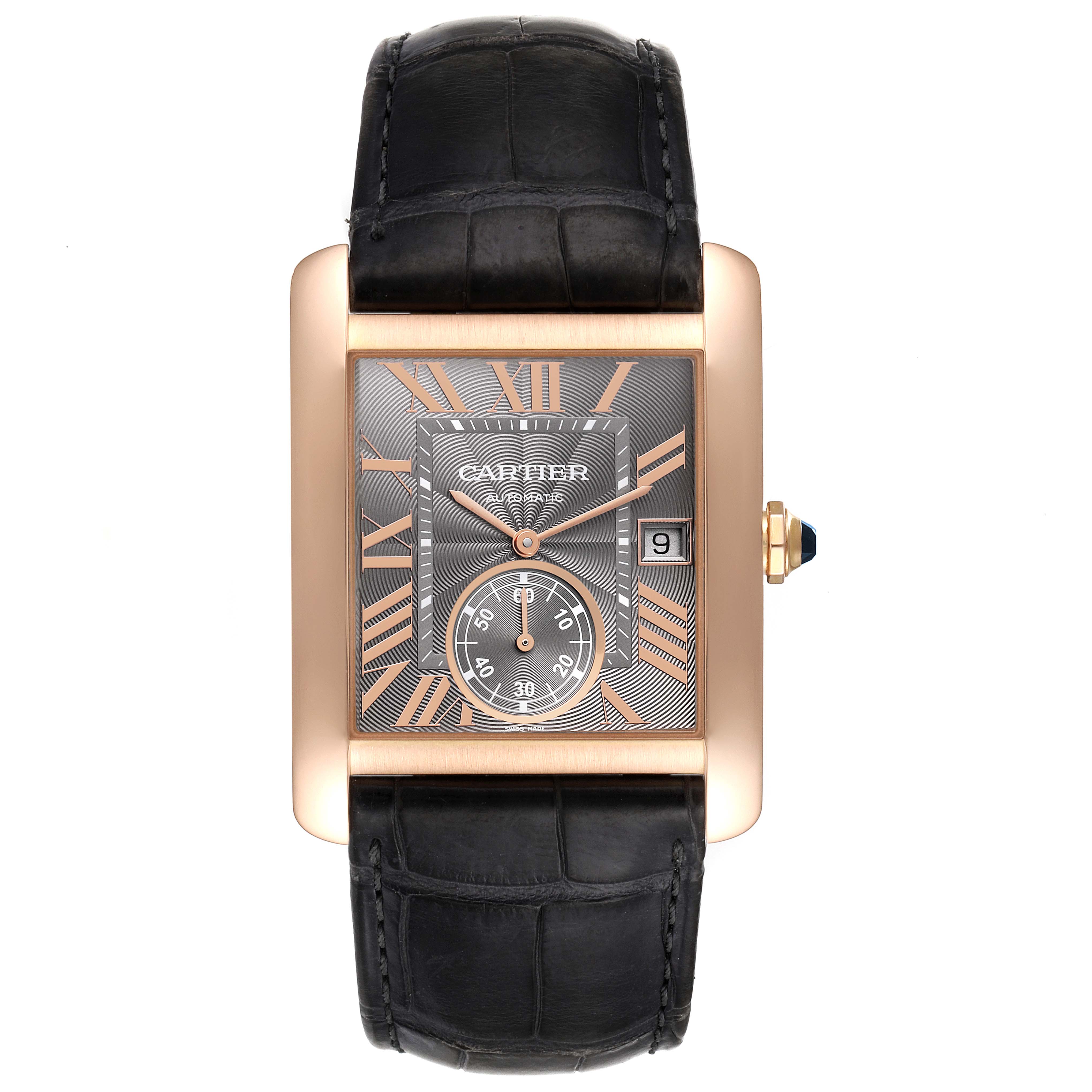 The image shows a front view of the Cartier Tank MC W5330002 Men's Rose Gold Grey Dial W5330002 Men's Rose Gold Grey Dial watch, highlighting its face, hands, date window, and strap.