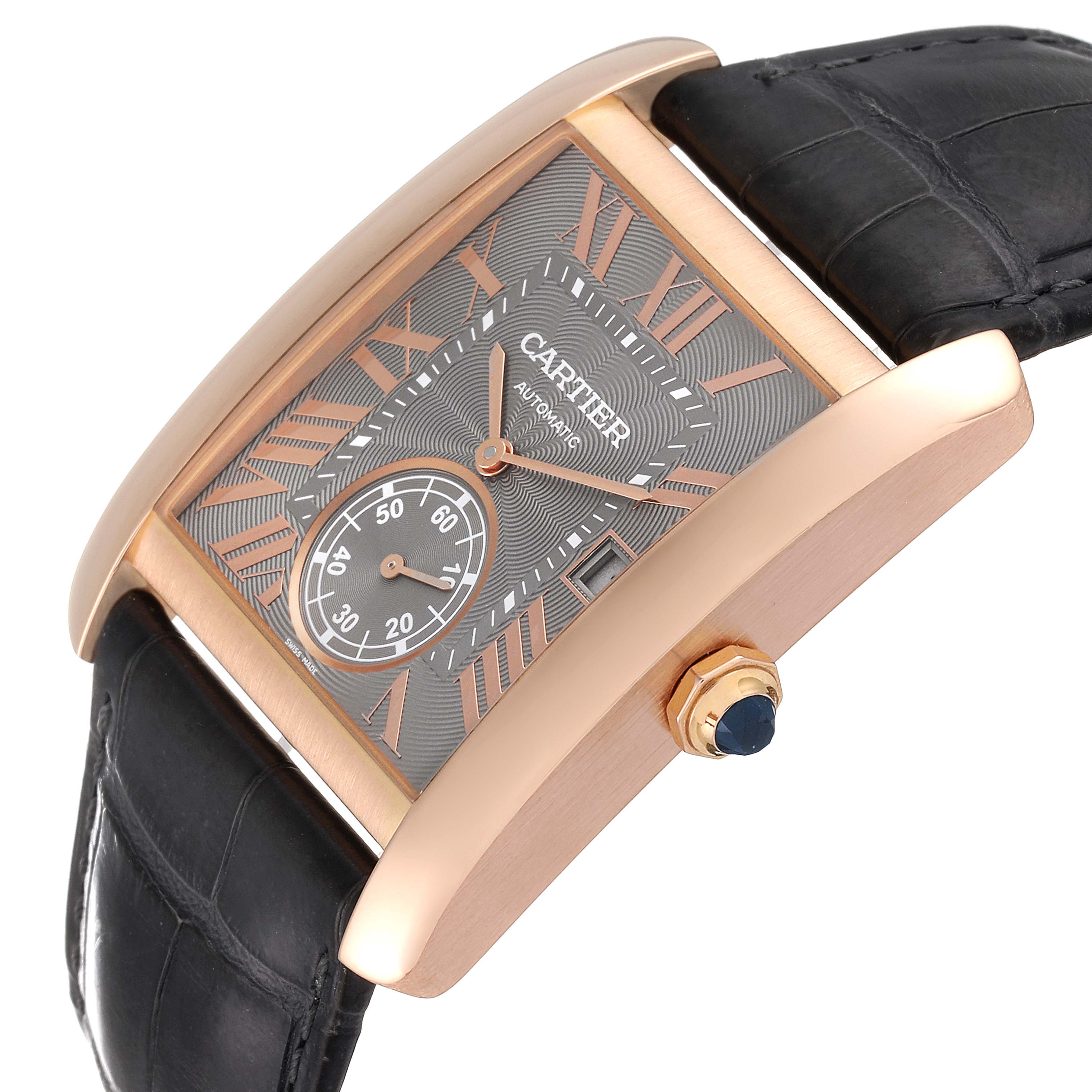 The image shows a side angle of the Cartier Tank MC W5330002 Men's Rose Gold Grey Dial W5330002 Men's Rose Gold Grey Dial watch, highlighting the face, crown with a blue gem, and leather strap.
