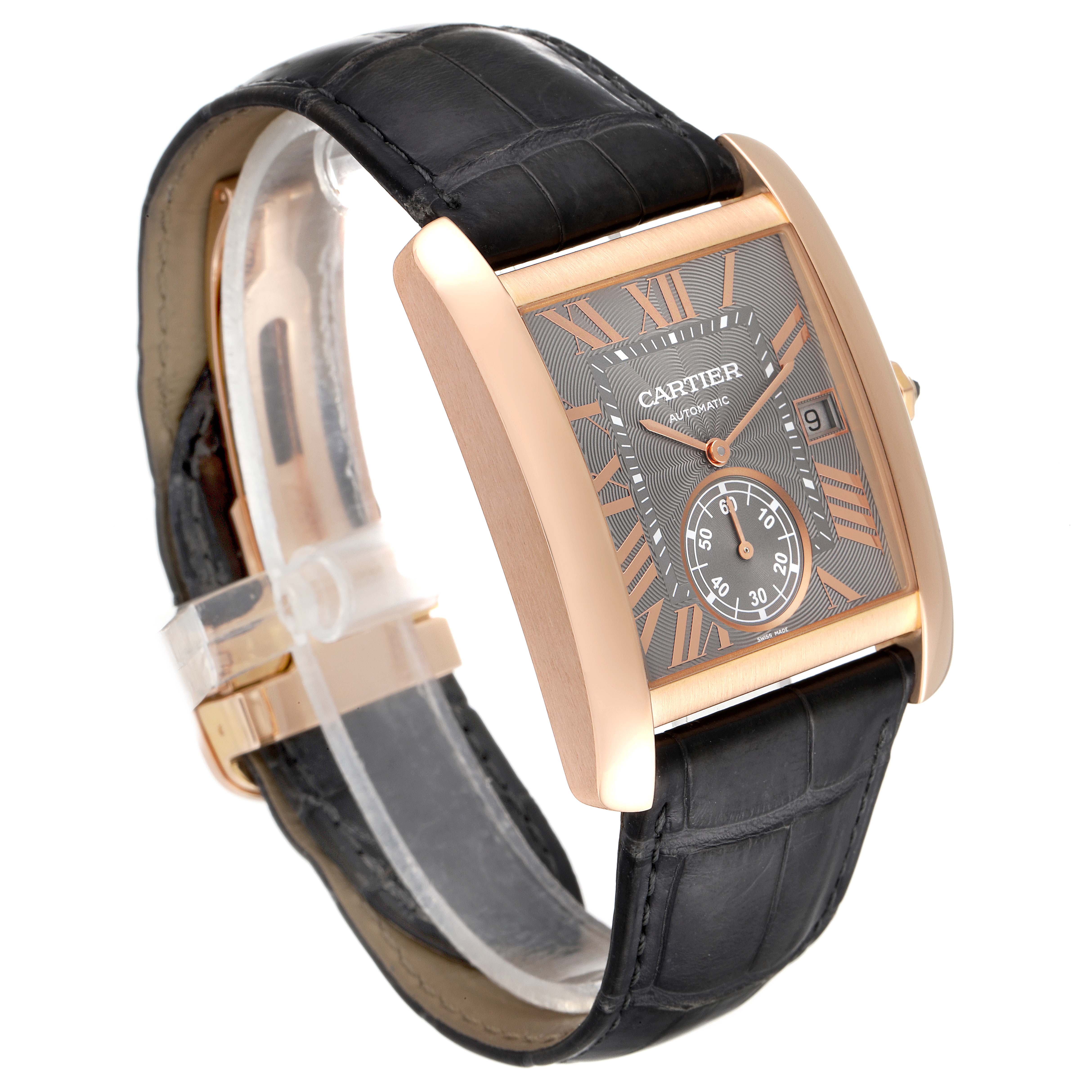 The image shows a front-side angle view of the Cartier Tank MC W5330002 Men's Rose Gold Grey Dial W5330002 Men's Rose Gold Grey Dial watch with its black leather strap and rose gold casing.