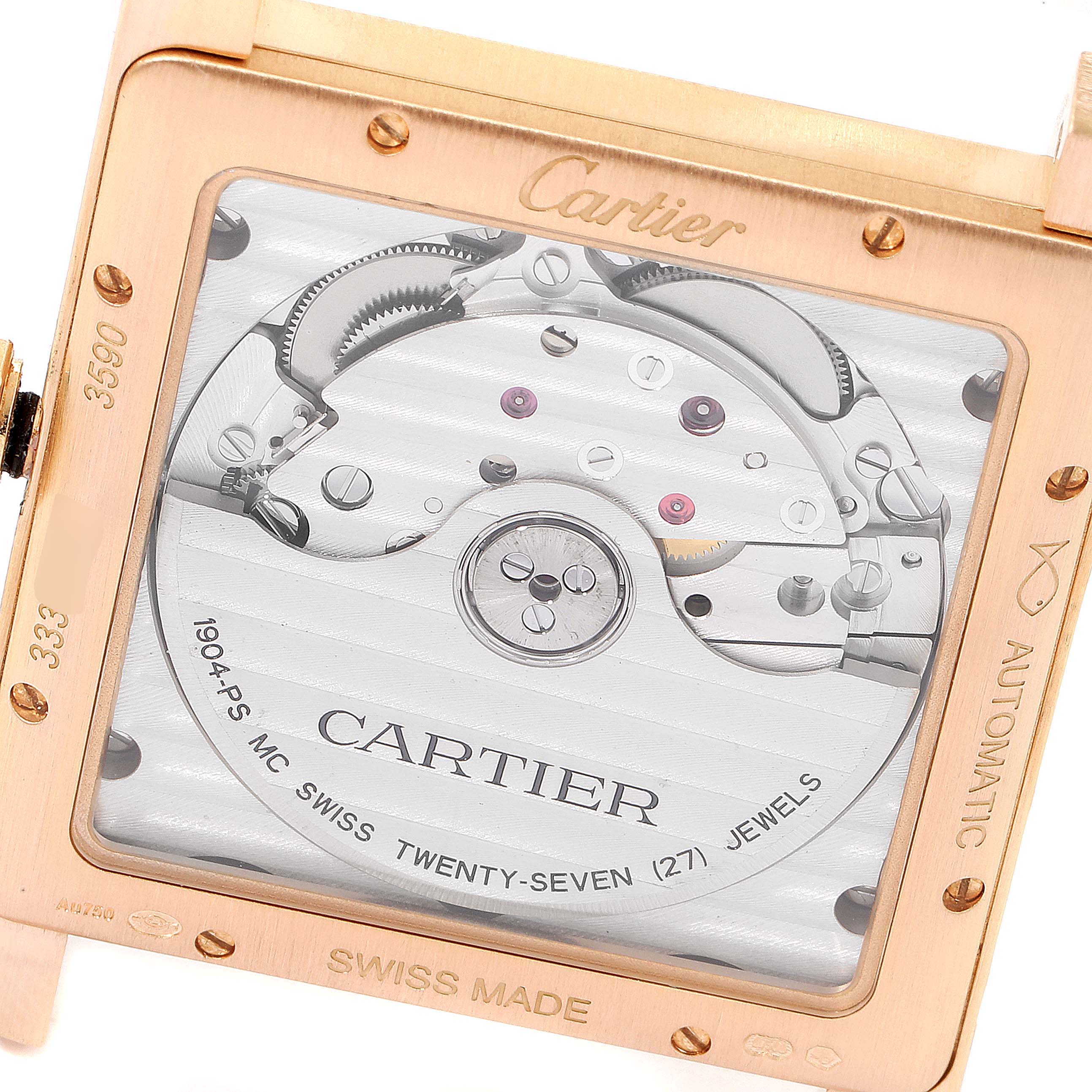 The image shows the case back of a Cartier Tank MC W5330002 Men's Rose Gold Grey Dial W5330002 Men's Rose Gold Grey Dial watch, revealing its inner mechanical movement.