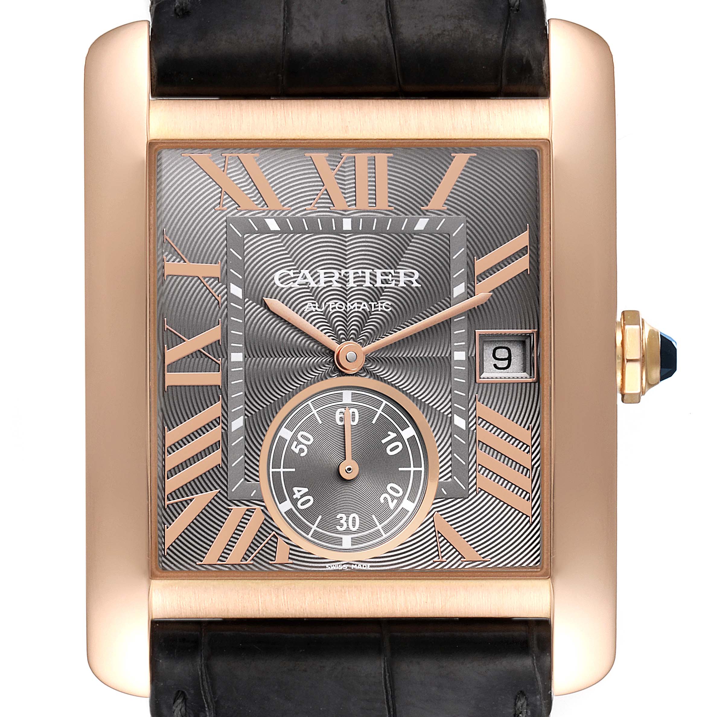 The Cartier Tank MC W5330002 Men's Rose Gold Grey Dial W5330002 Men's Rose Gold Grey Dial watch is shown from a front angle, highlighting its dial, hands, date window, and strap.