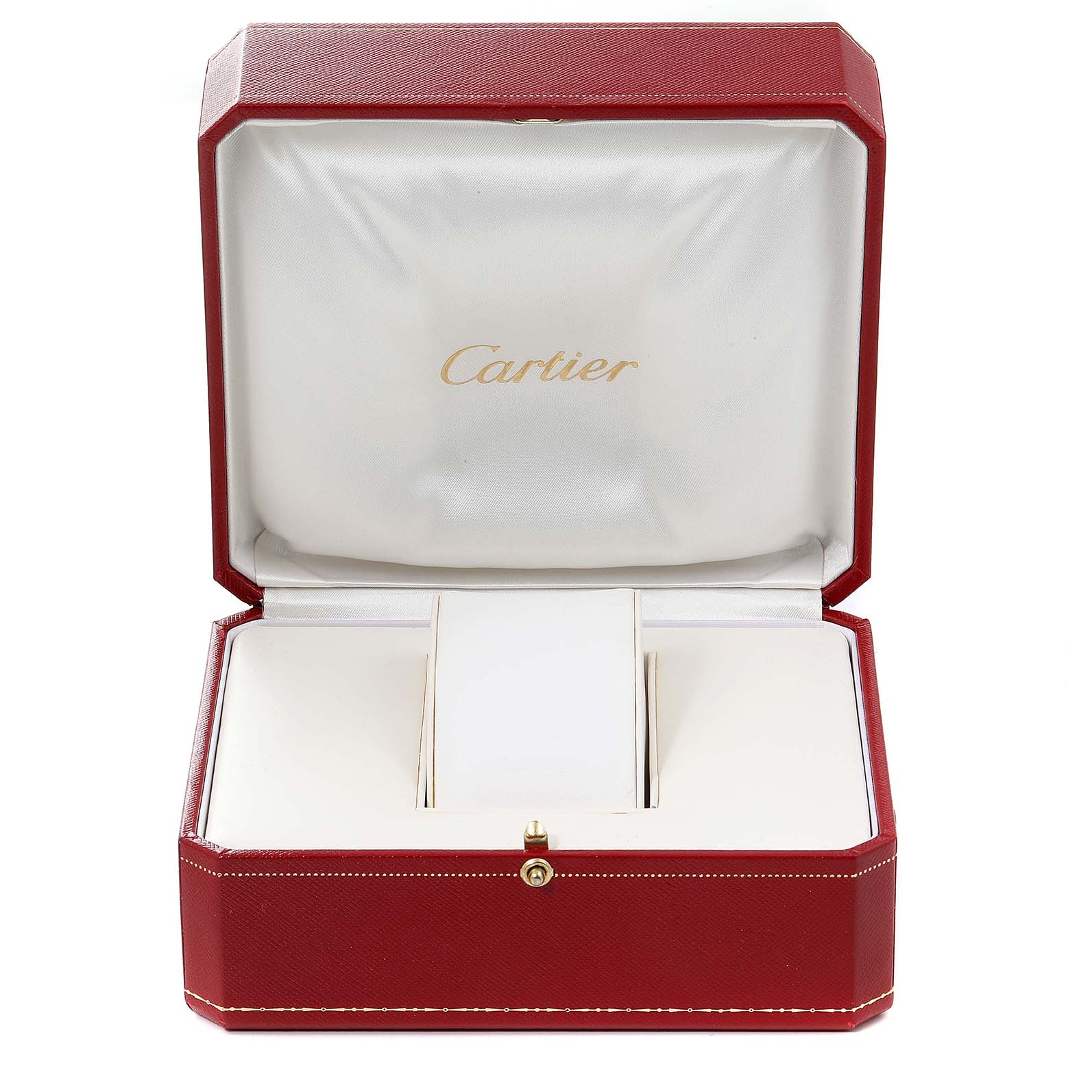 This image shows the open red and white box for a Cartier Tank MC W5330002 Men's Rose Gold Grey Dial W5330002 Men's Rose Gold Grey Dial watch, with the brand name inside the lid.
