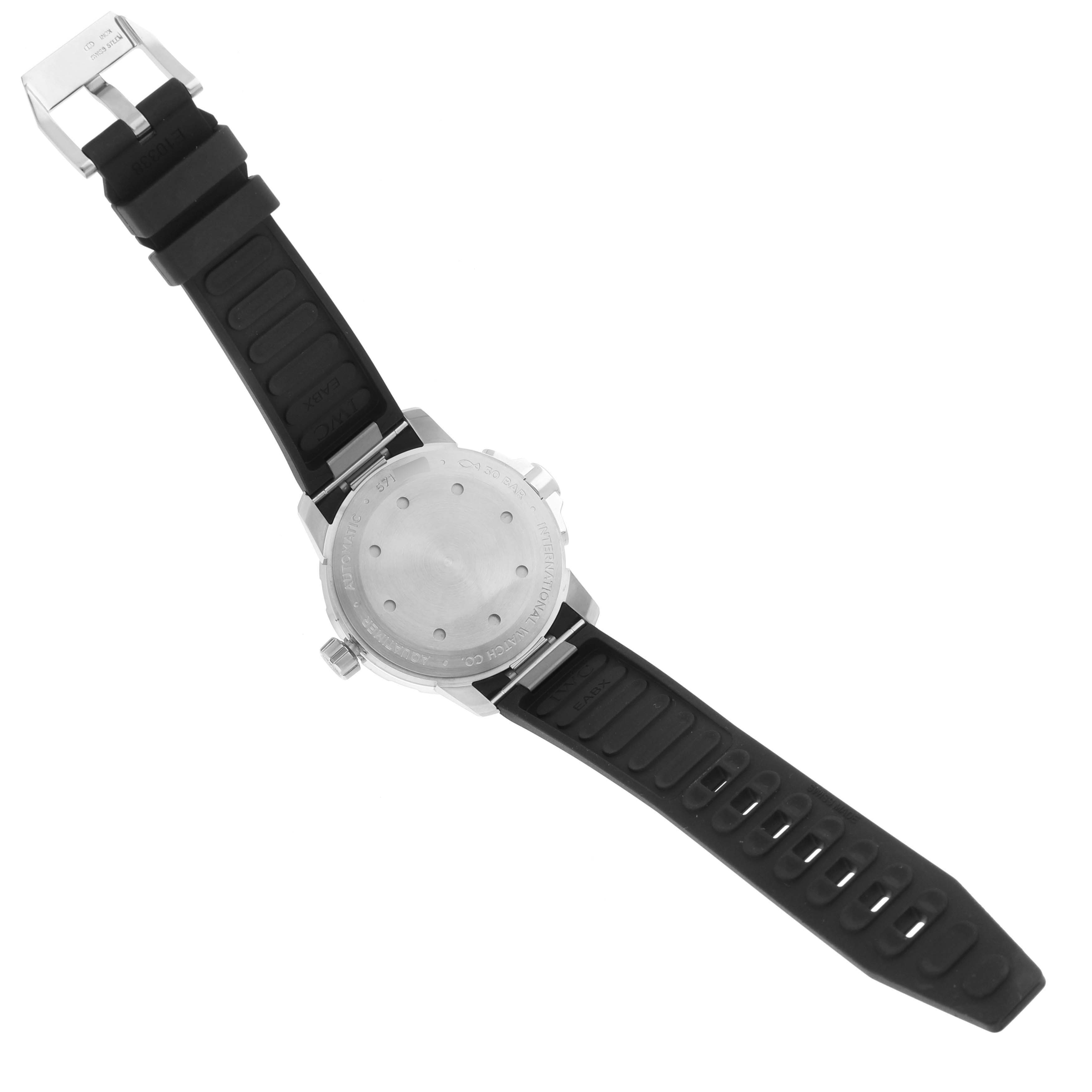 The image shows the back view of an IWC Aquatimer IW329001 Men's Stainless Steel Black Dial IW329001 Men's Stainless Steel Black Dial watch, highlighting its case back and black strap with a buckle.