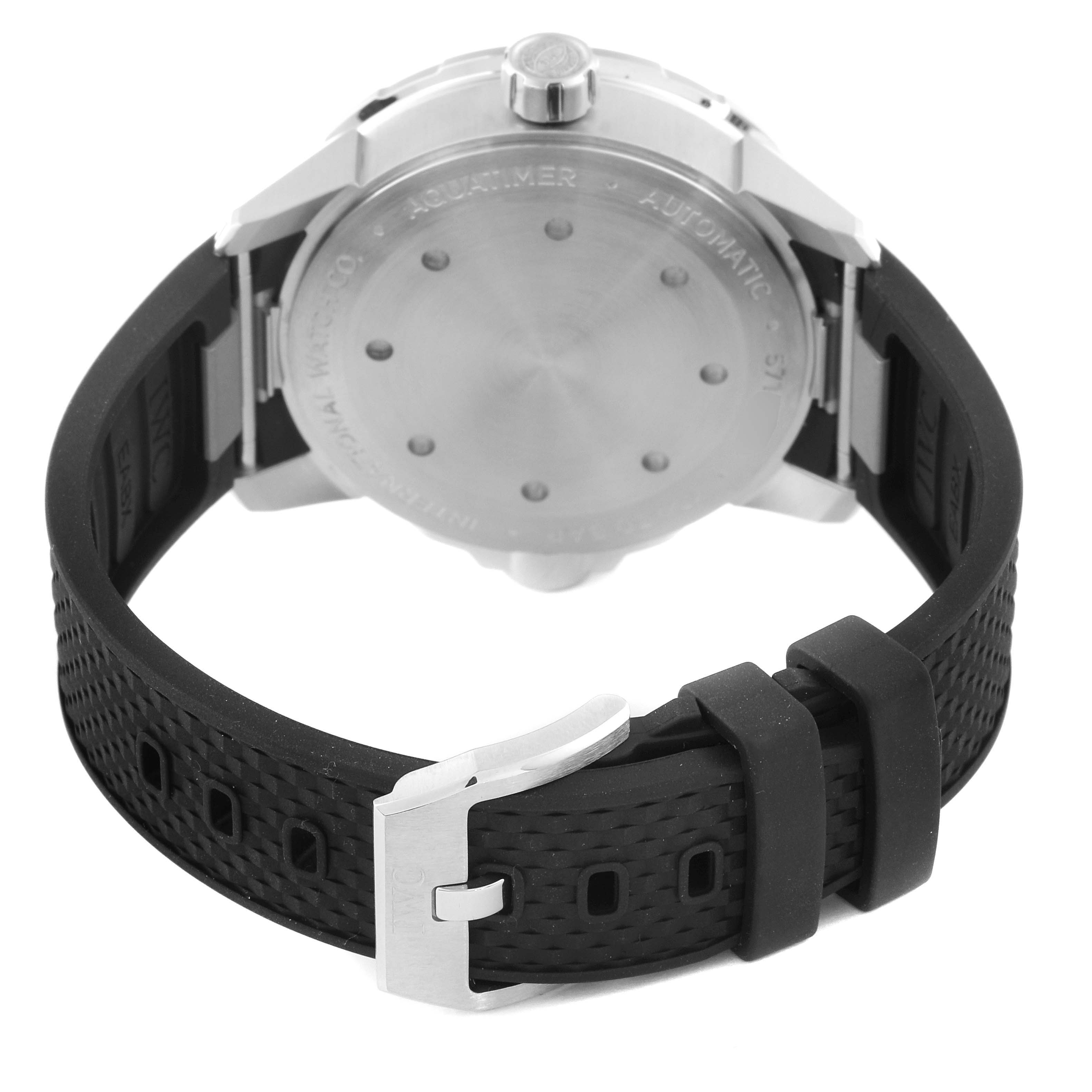 The image shows the back view of the IWC Aquatimer IW329001 Men's Stainless Steel Black Dial IW329001 Men's Stainless Steel Black Dial watch, highlighting its case back and black rubber strap with a buckle.