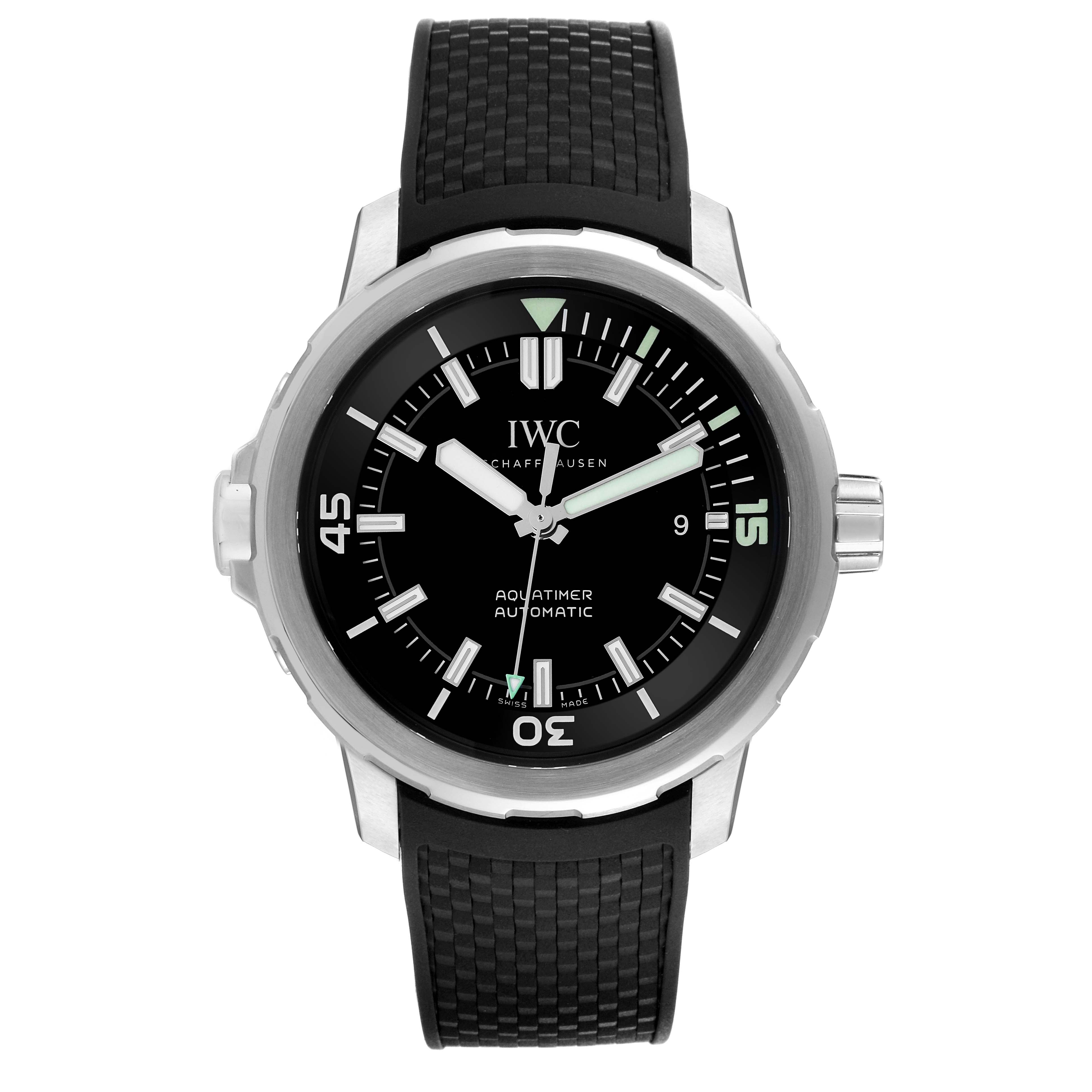 This image displays a front view of the IWC Aquatimer IW329001 Men's Stainless Steel Black Dial IW329001 Men's Stainless Steel Black Dial watch, showcasing its dial, bezel, and rubber strap.