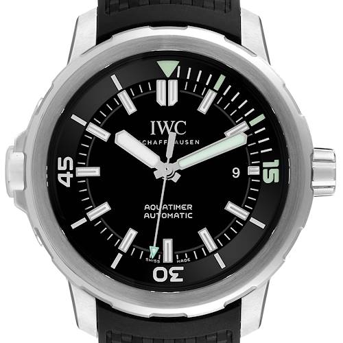 The IWC Aquatimer watch is shown from a front angle displaying the dial, hands, bezel, and part of the crown.