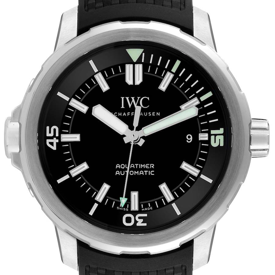 The image shows the front view of an IWC Aquatimer watch, featuring the dial, bezel, crown, and part of the strap.