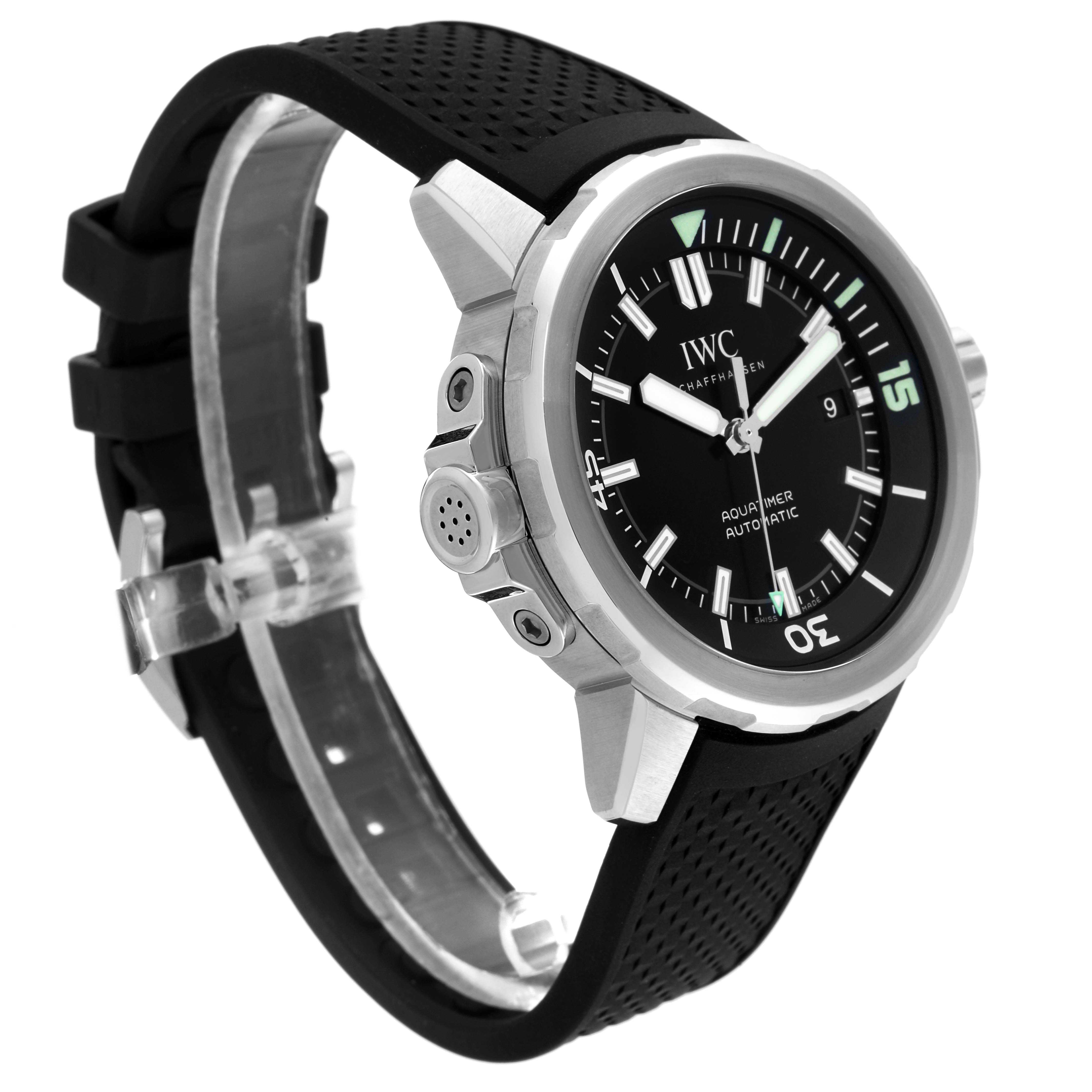 The image shows a side angle of the IWC Aquatimer IW329001 Men's Stainless Steel Black Dial IW329001 Men's Stainless Steel Black Dial watch, highlighting the bezel, crown, and black rubber strap.