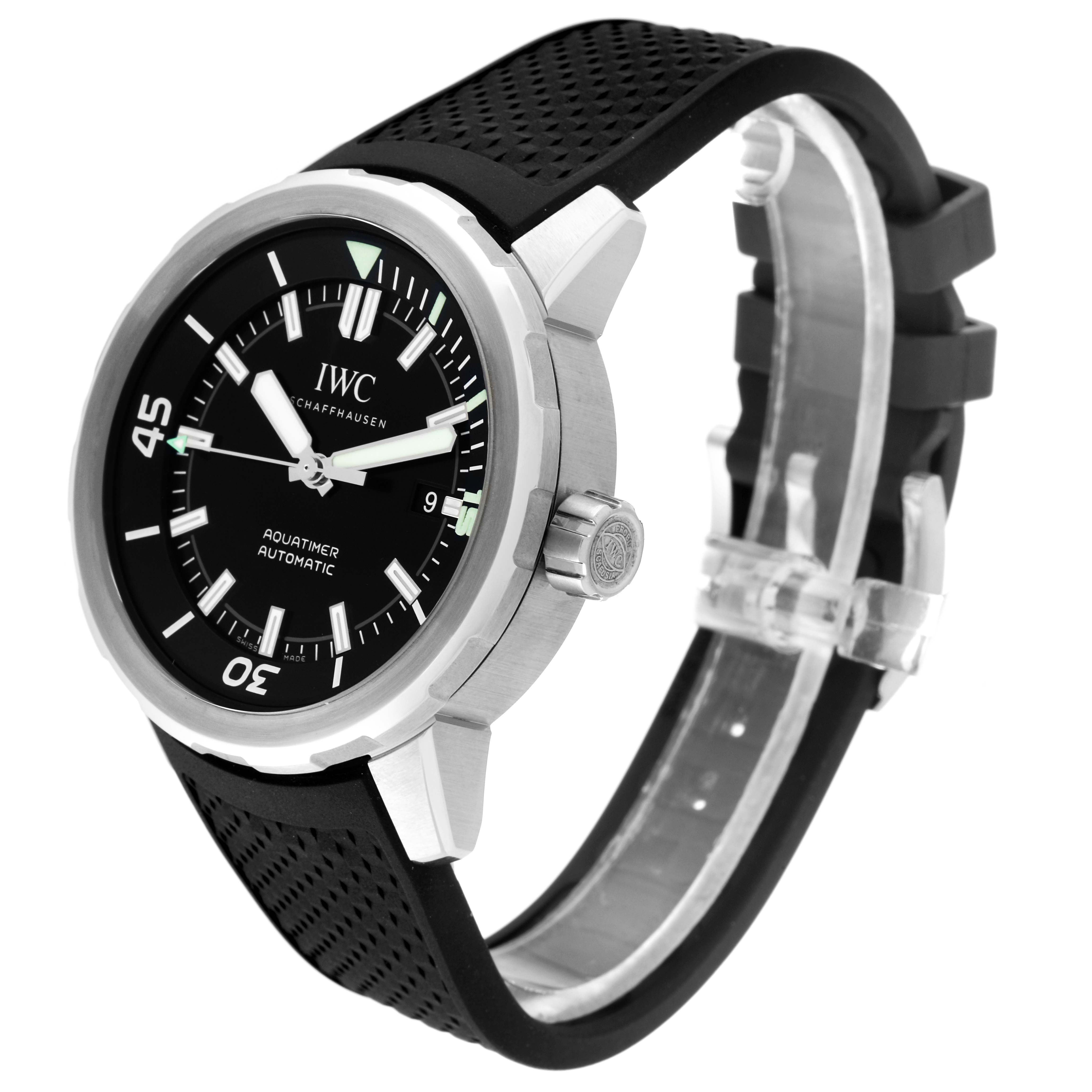 The image shows a side angle of the IWC Aquatimer IW329001 Men's Stainless Steel Black Dial IW329001 Men's Stainless Steel Black Dial watch, displaying its black dial, bezel, crown, and black rubber strap.