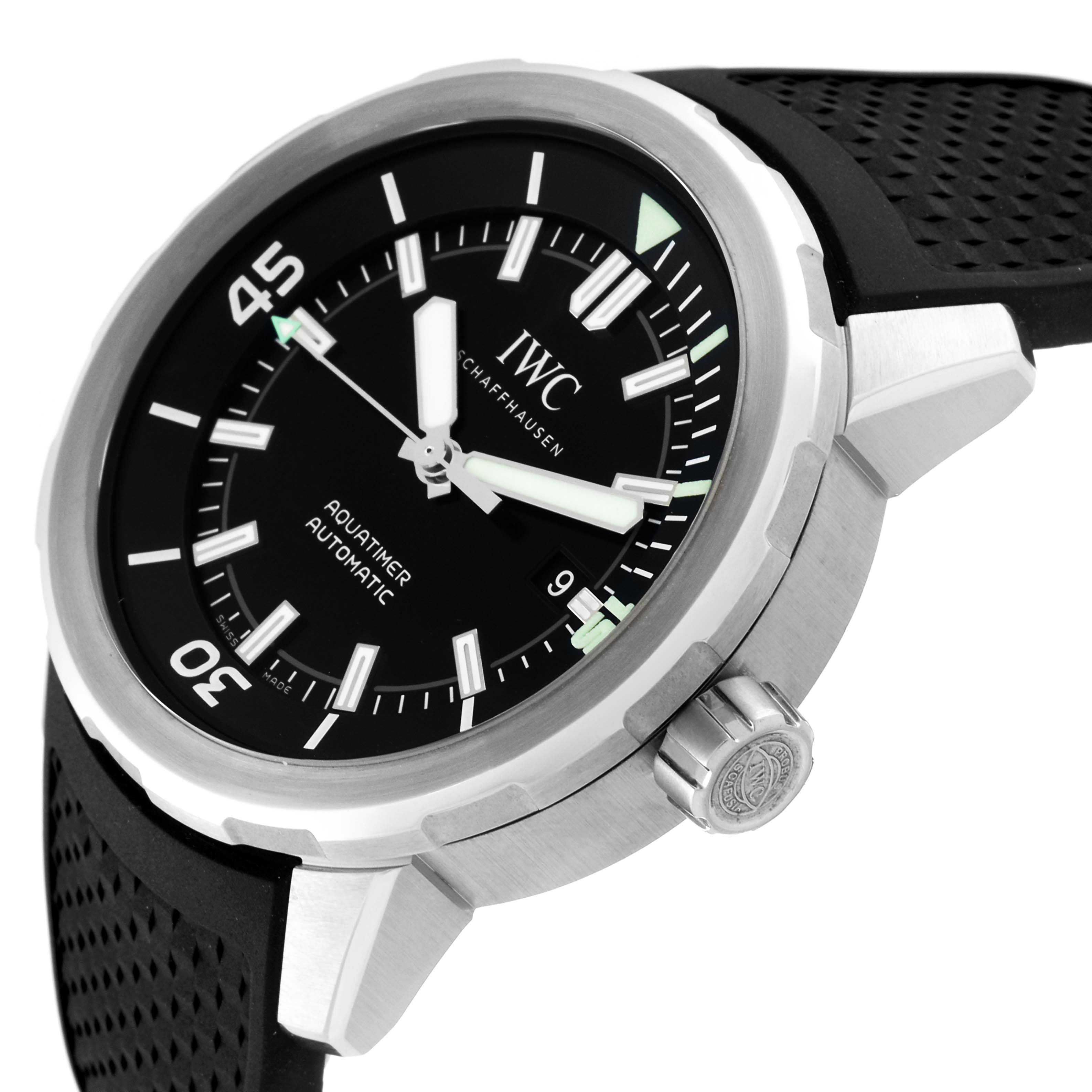 The image displays an IWC Aquatimer IW329001 Men's Stainless Steel Black Dial IW329001 Men's Stainless Steel Black Dial watch from a slightly angled, close-up view showing the dial, bezel, crown, and part of the strap.